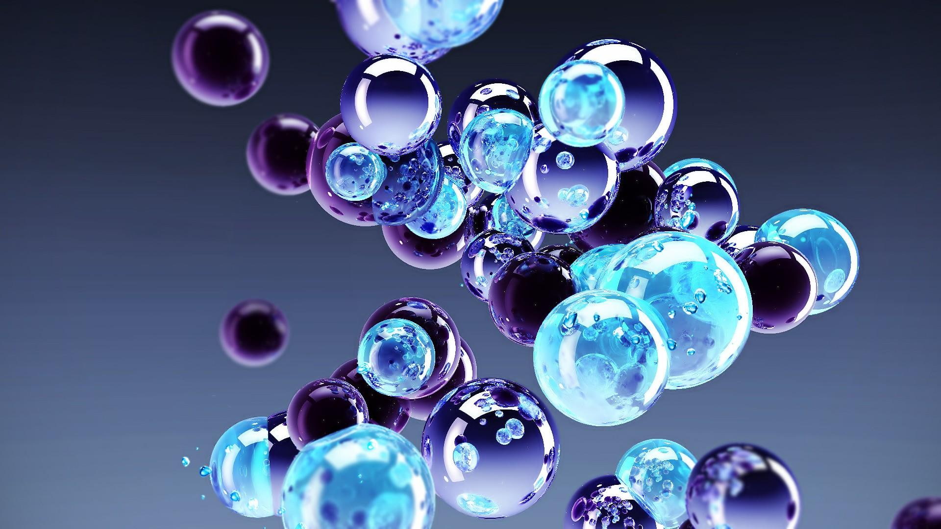 d, 1080P, artwork, glass, drops, bubbles, pink, balls, abstract, blue, marble, HD Wallpaper