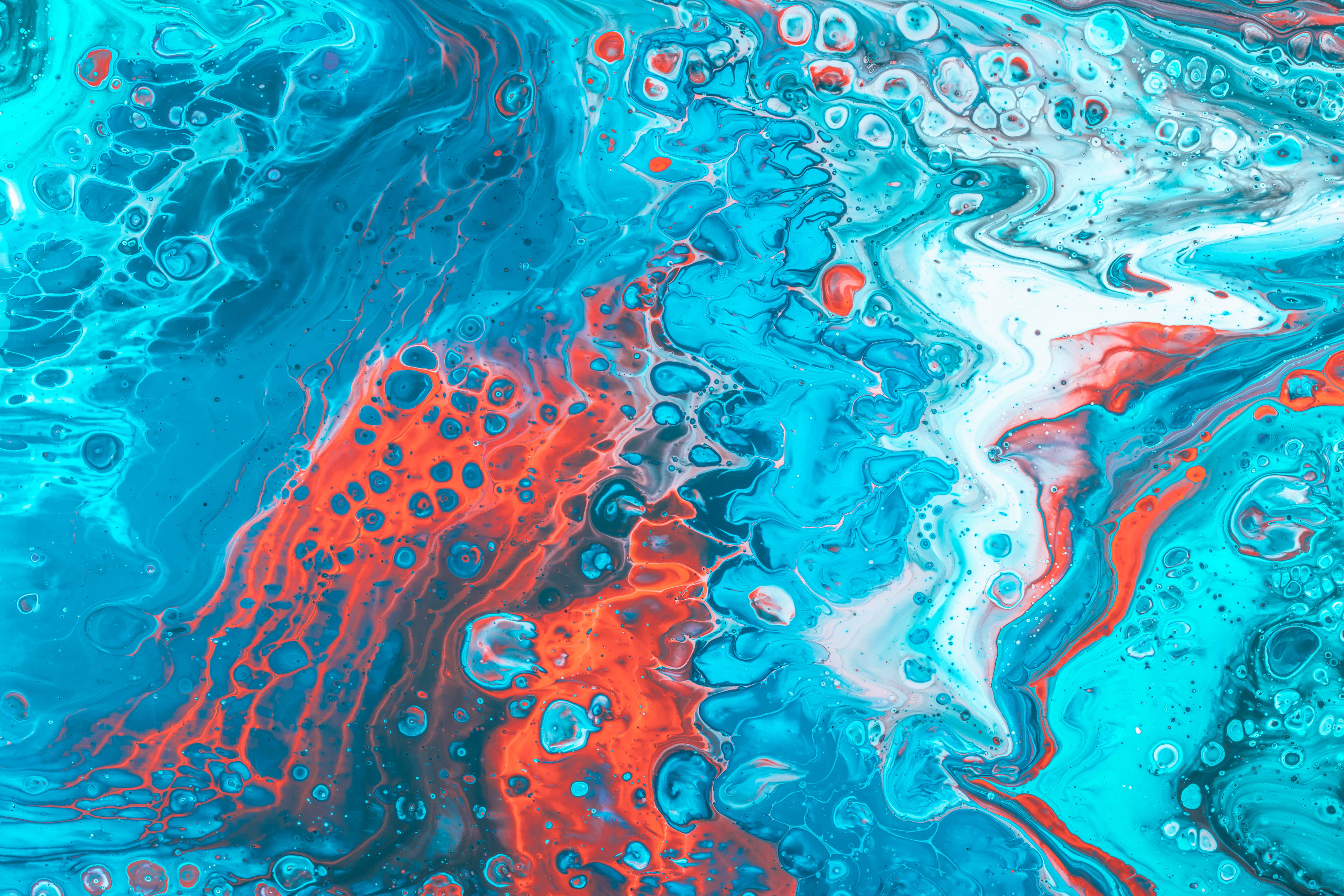 pattern, close-up, full frame, water, painting, 5K, multi colored, marbled effect, outdoors, nature, turquoise colored, vibrant color, white, motion, abstract, HD Wallpaper
