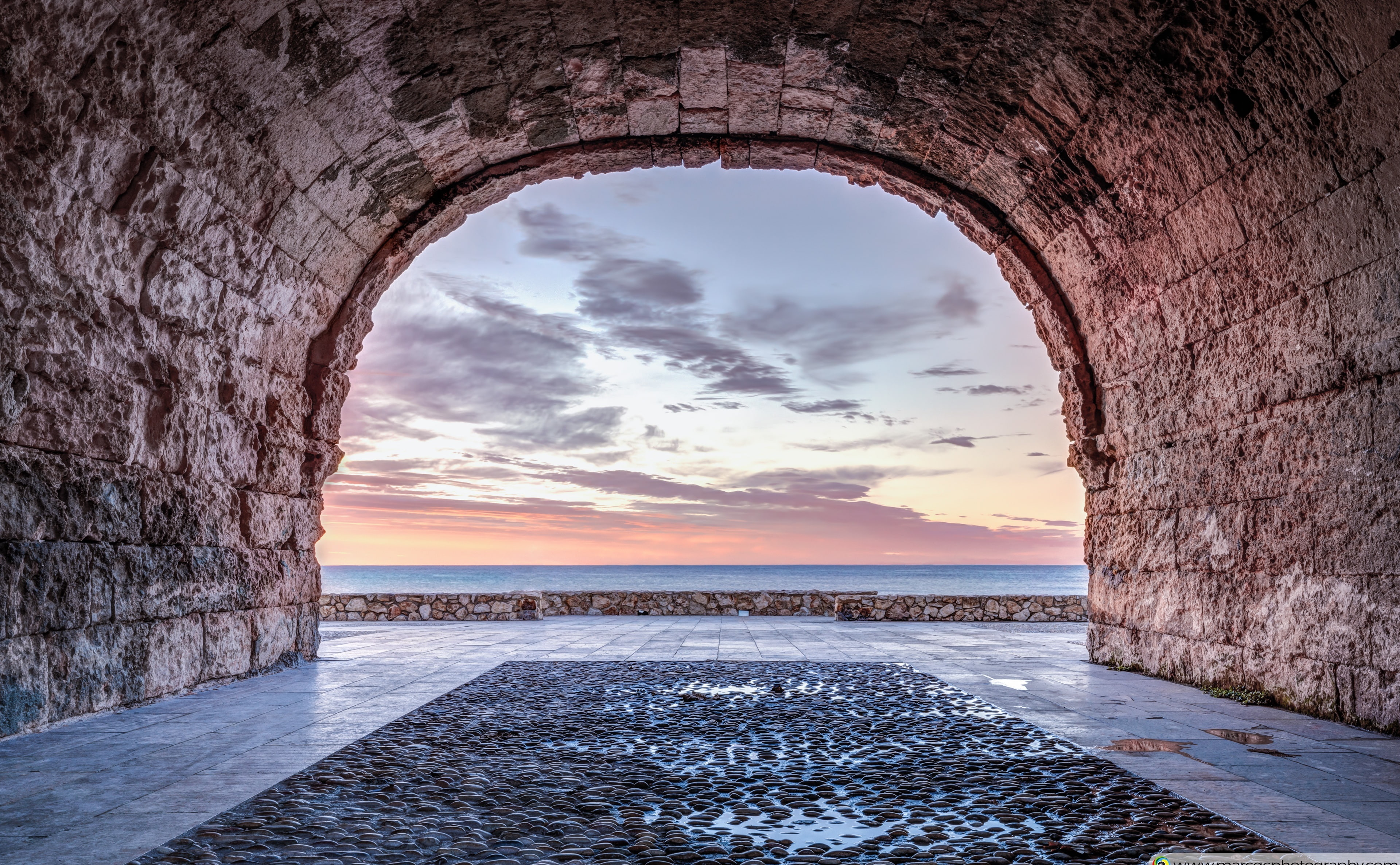 tarragona, Stone, Tranquil, Bridge, Window, daybreak, altafulla, mediterrani, Peaceful, Quiet, catalunya, View, puddles, Beach, Landscape, mediterranean, HD Wallpaper