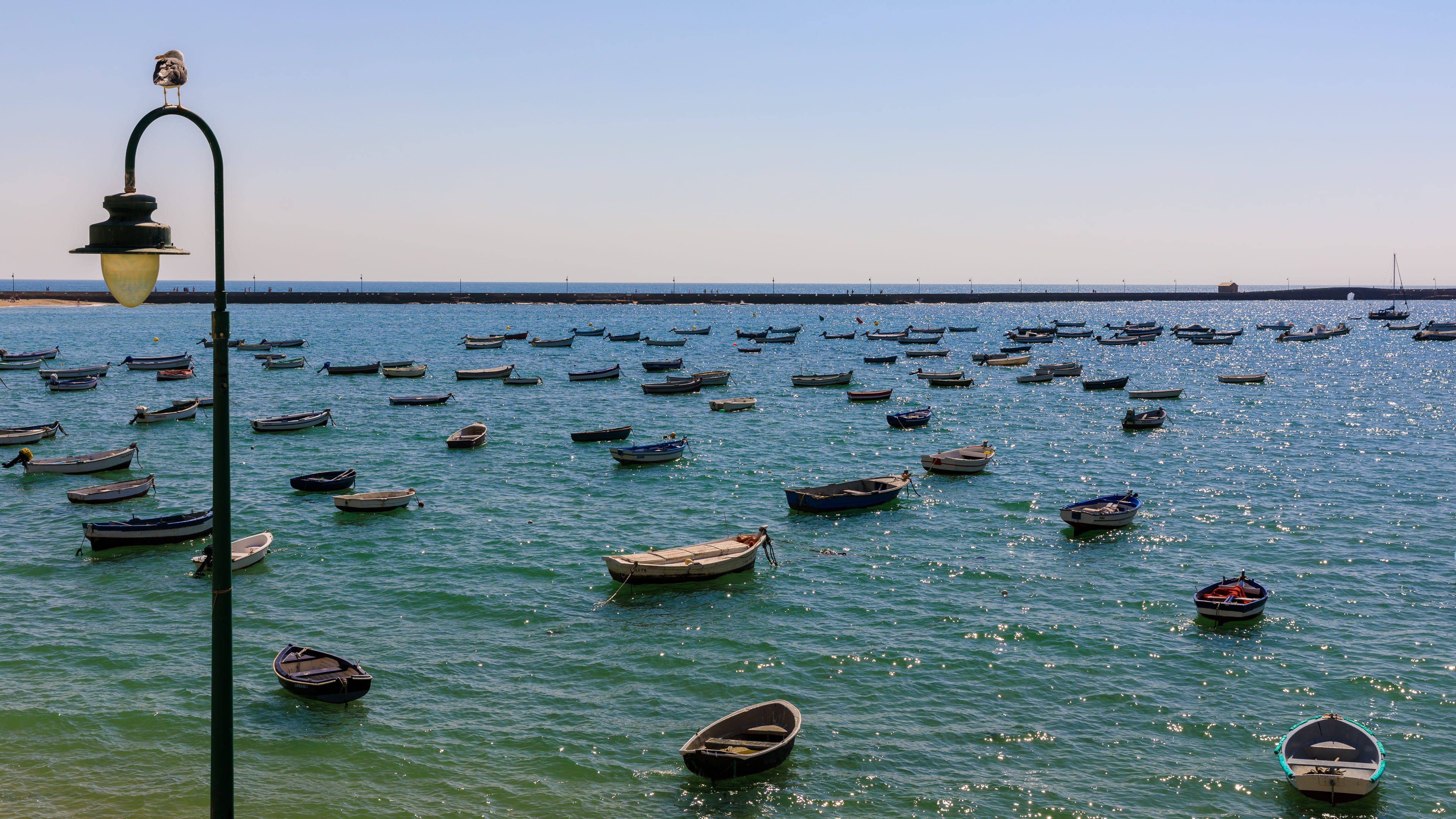 tranquil scene, mediterranean, wooden post, waterfront, blue, 4K, spain, boat, transportation, scenics - nature, clear sky, lighting equipment, beauty in nature, HD Wallpaper