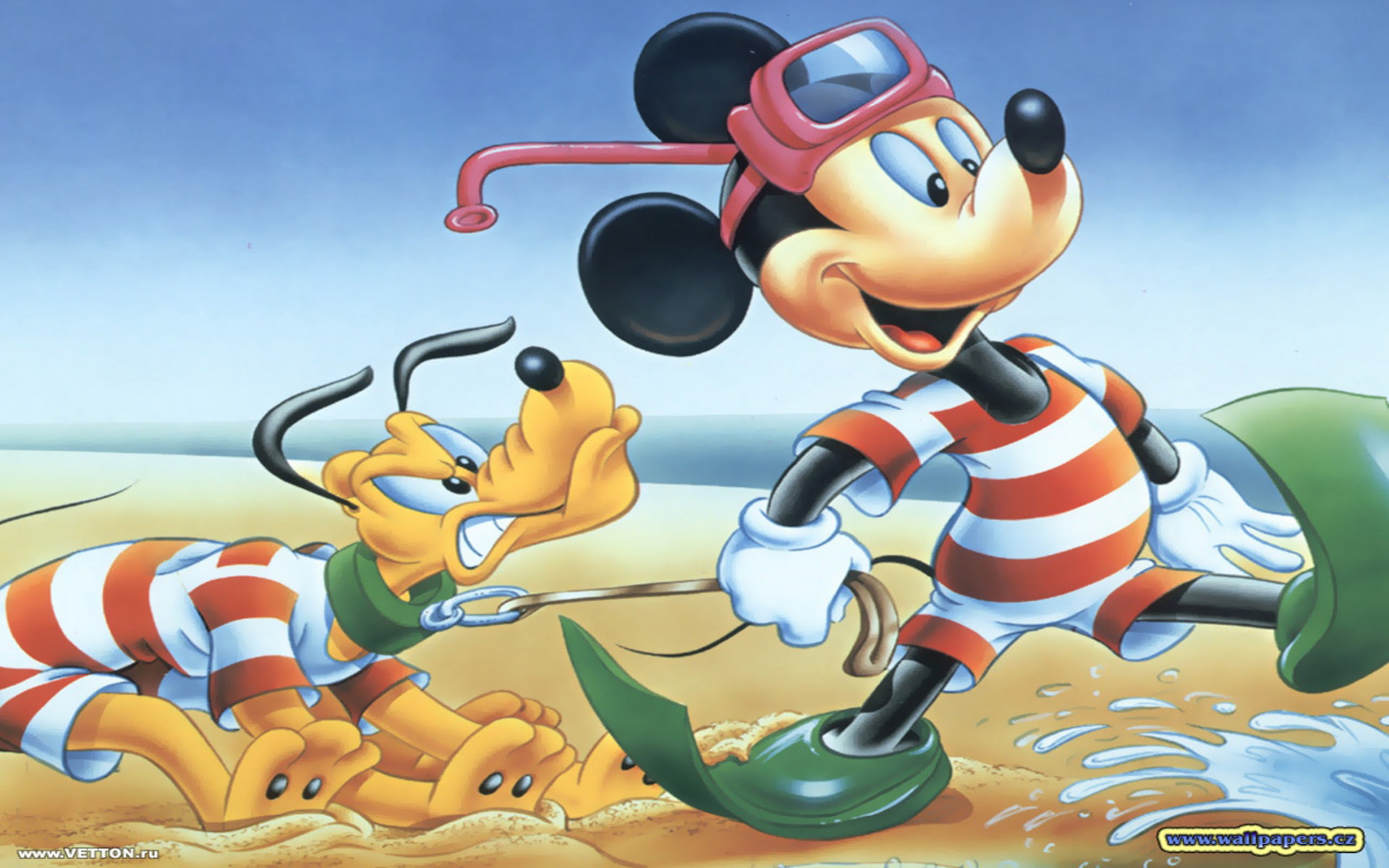 mickey, characters, 1080P, pluto, bathing, mouse, sea, beach, disney, hd, HD Wallpaper