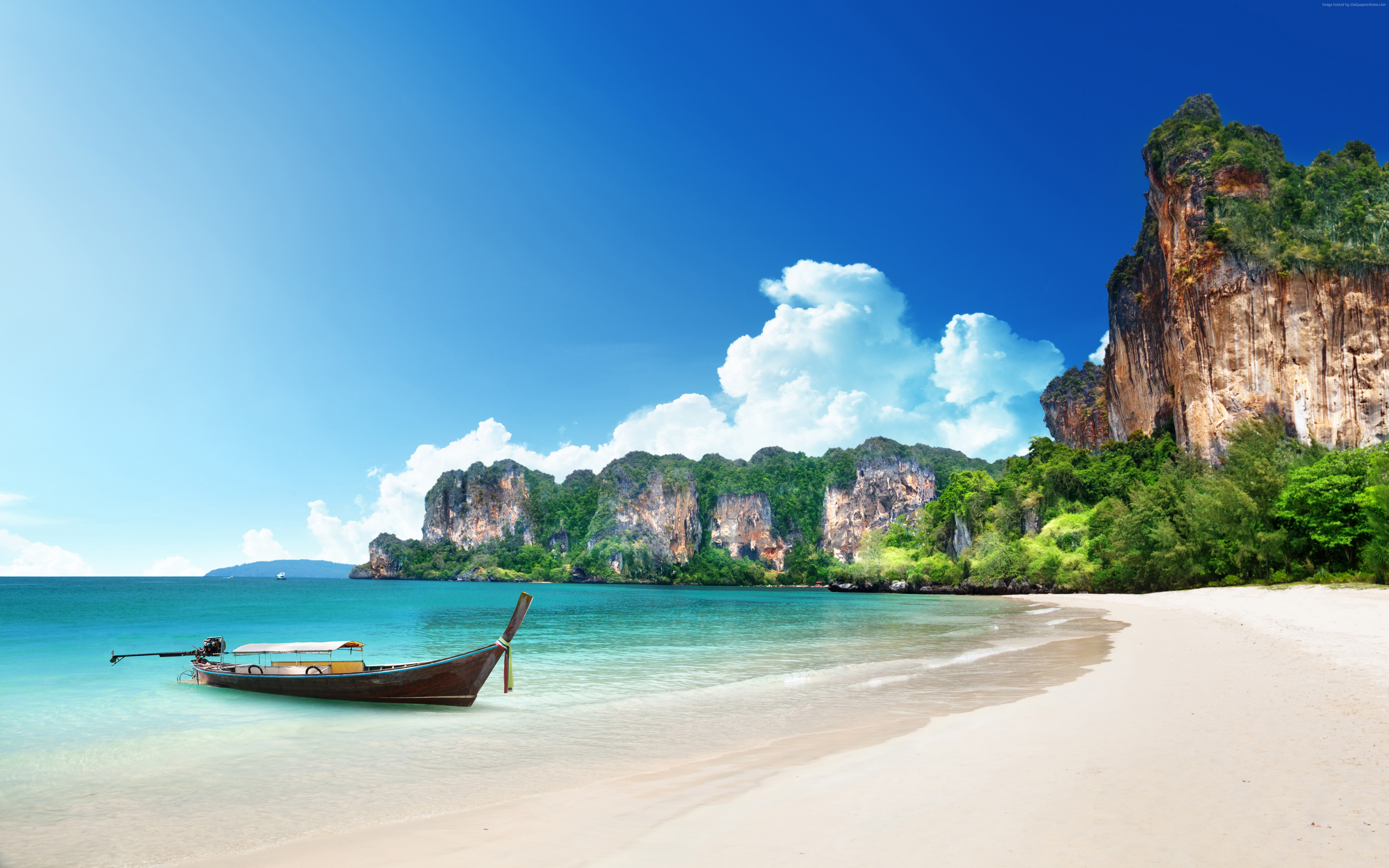 tropical, eye, thailand, sky, quality, sandy, hd, smoother, green, beauty, rocks, overgrown, high, idignati, boats, sea, trees, 5K, beach, HD Wallpaper