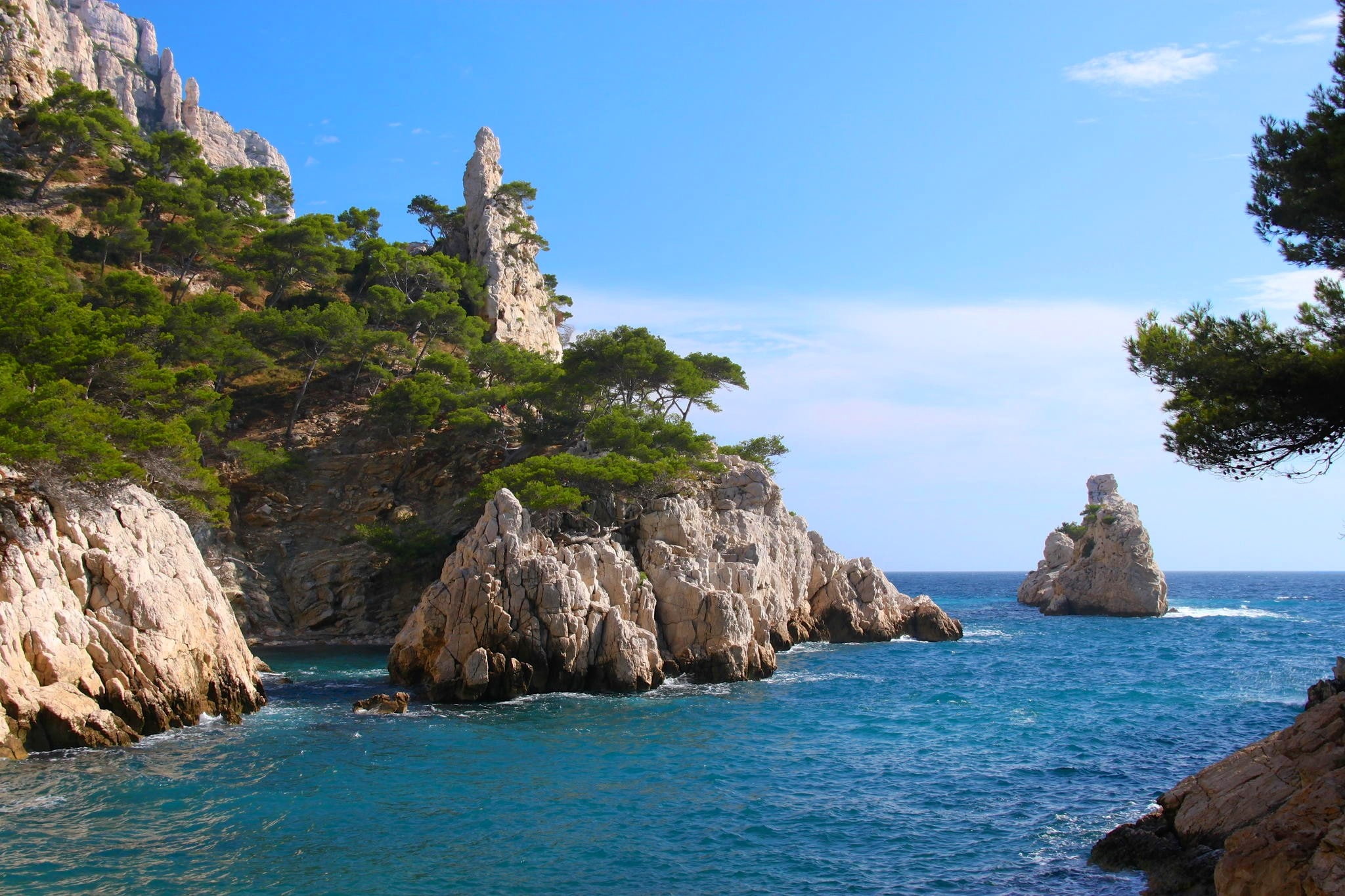 formation, tree, tranquil scene, scenics - nature, coast, trees, nature, island, landscape, France, 1080P, eroded, outdoors, sea, cliff, beauty in nature, HD Wallpaper