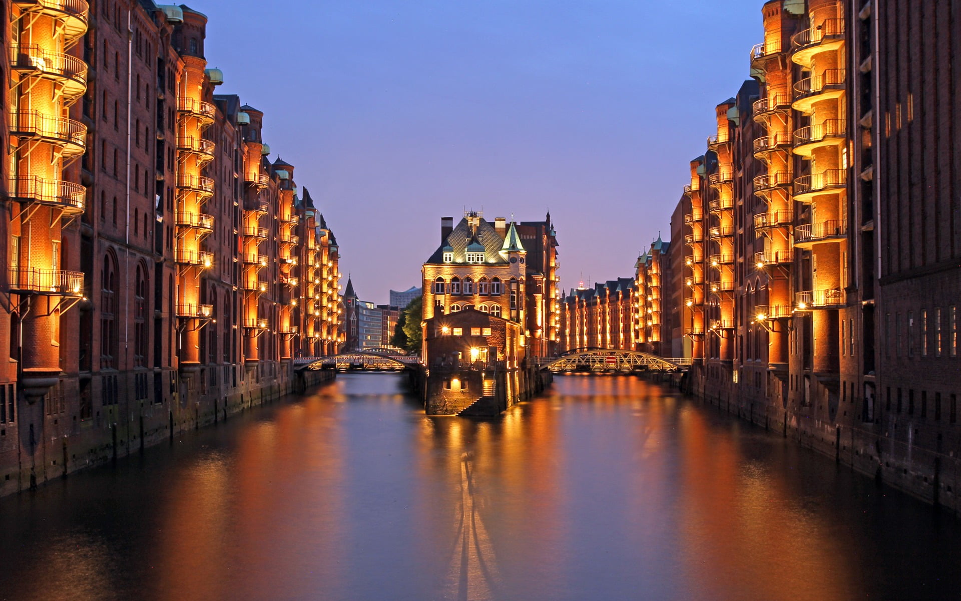 residential district, 1080P, Germany, Speicherstadt, waterfront, cityscape, brown, reflection, travel destinations, water, building exterior, dusk, lights, HD Wallpaper