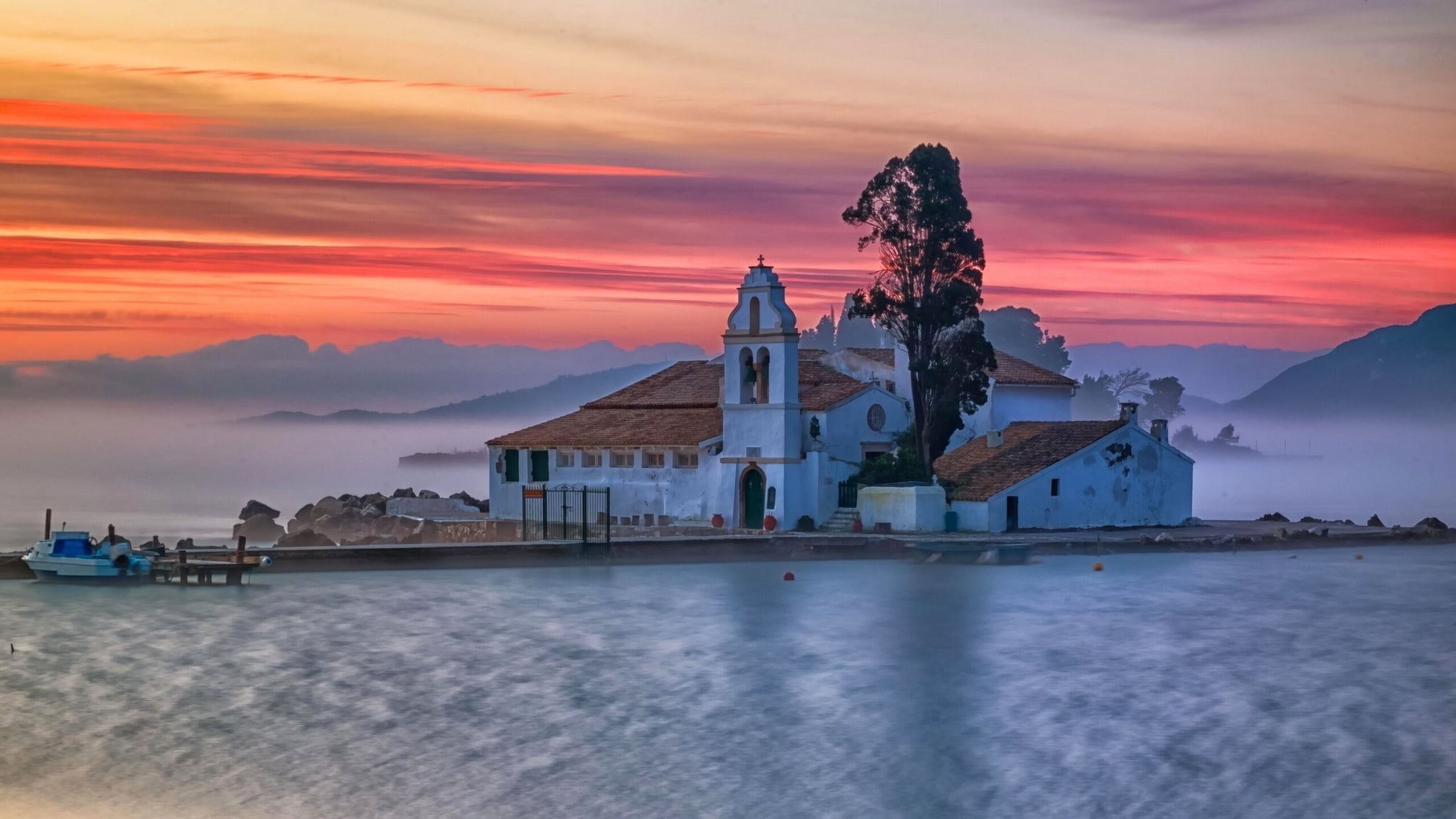 Vlacherna Monastery, sea, building, sky, religion, Corfu, travel destinations, cloud - sky, beauty in nature, water, dawn, no people, place of worship, HD Wallpaper