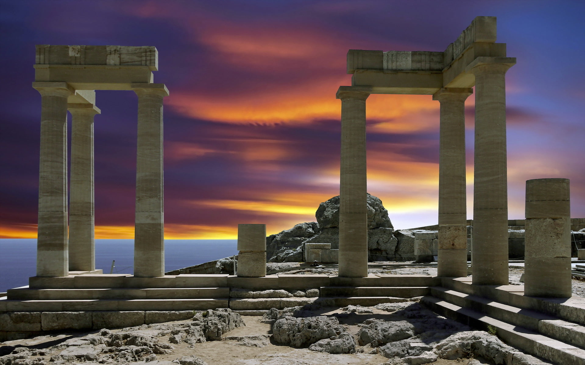 damaged, architectural column, 1080P, ancient civilization, sky, ruined, old, ancient, cloud - sky, Greece, no people, nature, old ruin, building exterior, HD Wallpaper