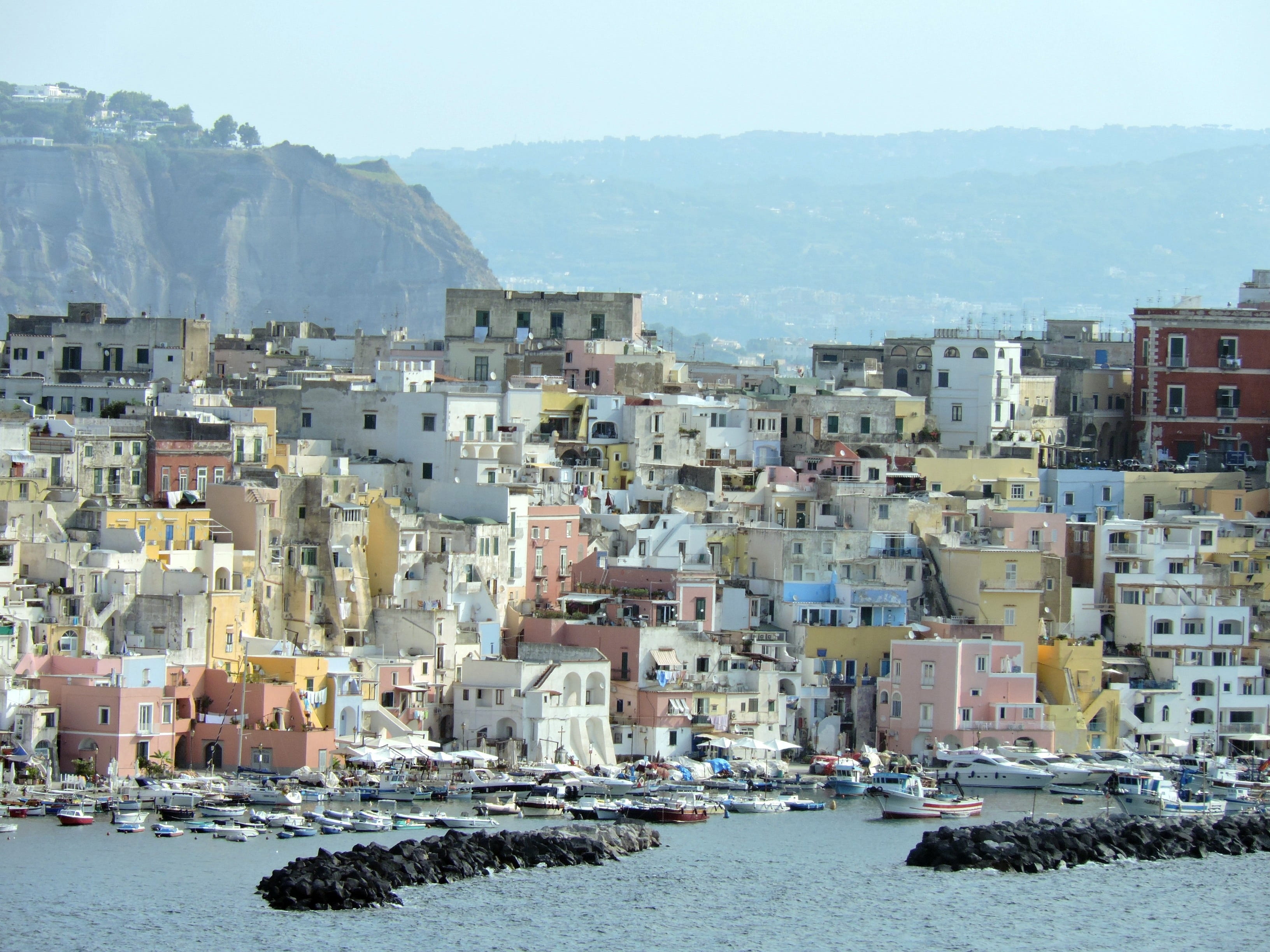 island, cityscape, building, building exterior, port, crowd, transportation, italy, residential district, day, city, water, napoli, sky, townscape, beach, HD Wallpaper