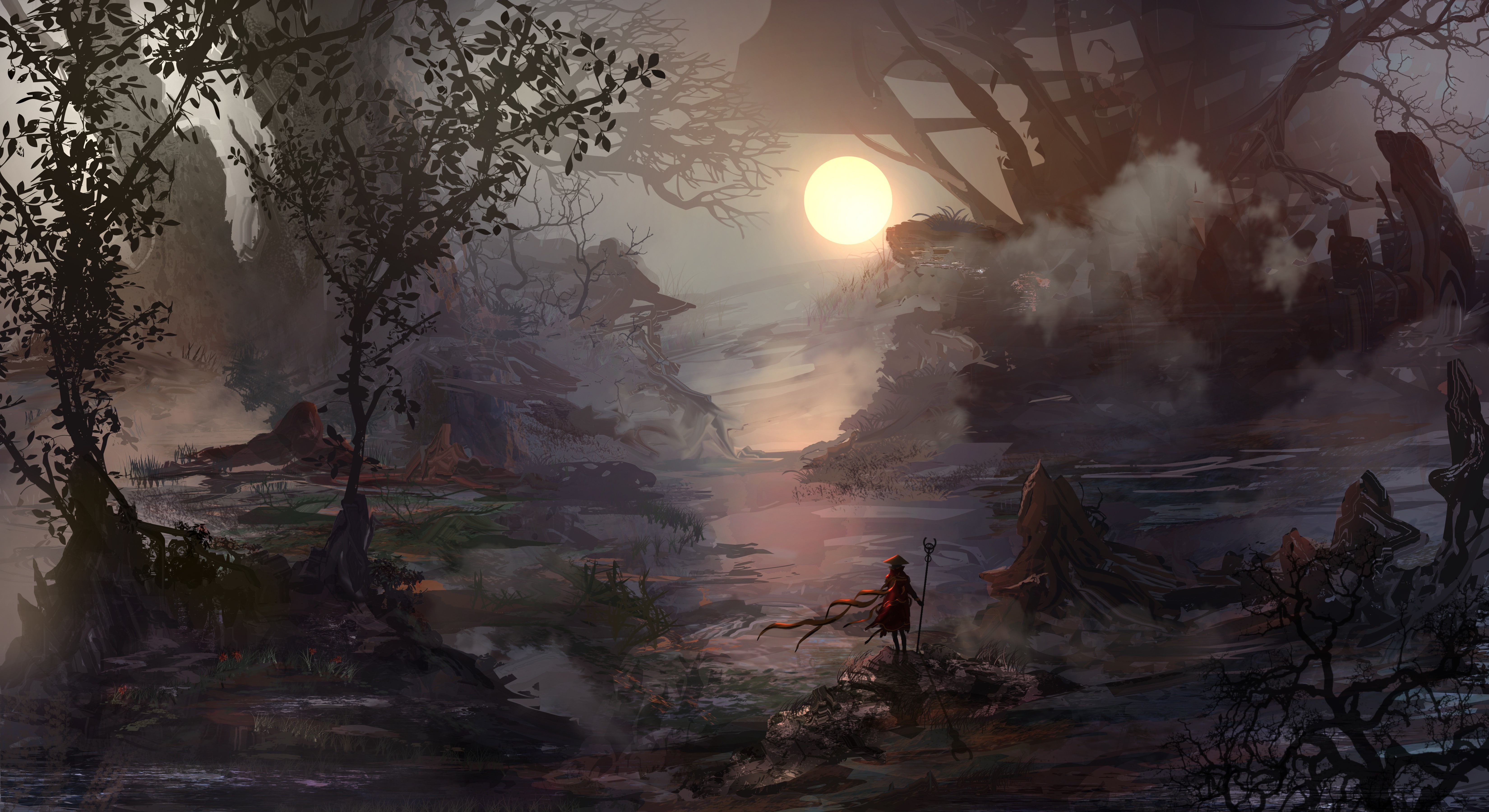 beauty in nature, scenics - nature, water, tranquility, fog, non-urban scene, sky, plant, sun, environment, nature, 5K, tree, forest, travel, warrior loneliness hero fantasy art nature trees mist sun wind swamp, HD Wallpaper