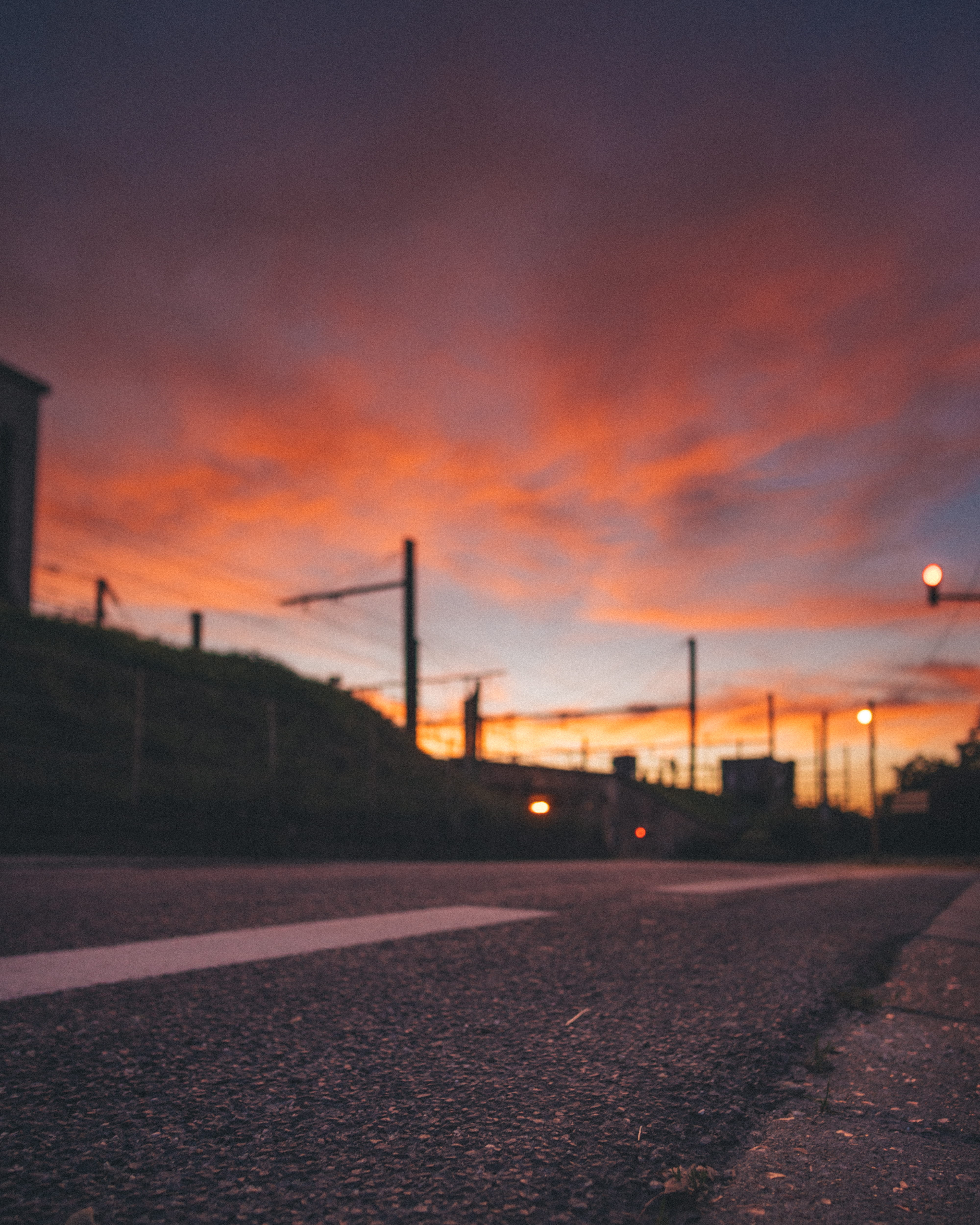 orange color, architecture, 4K, dirt road, the way forward, france, light, no people, near, sunrise, nature, dawn, direction, bokeh, sunset, smoke - physical structure, Phone HD Wallpaper