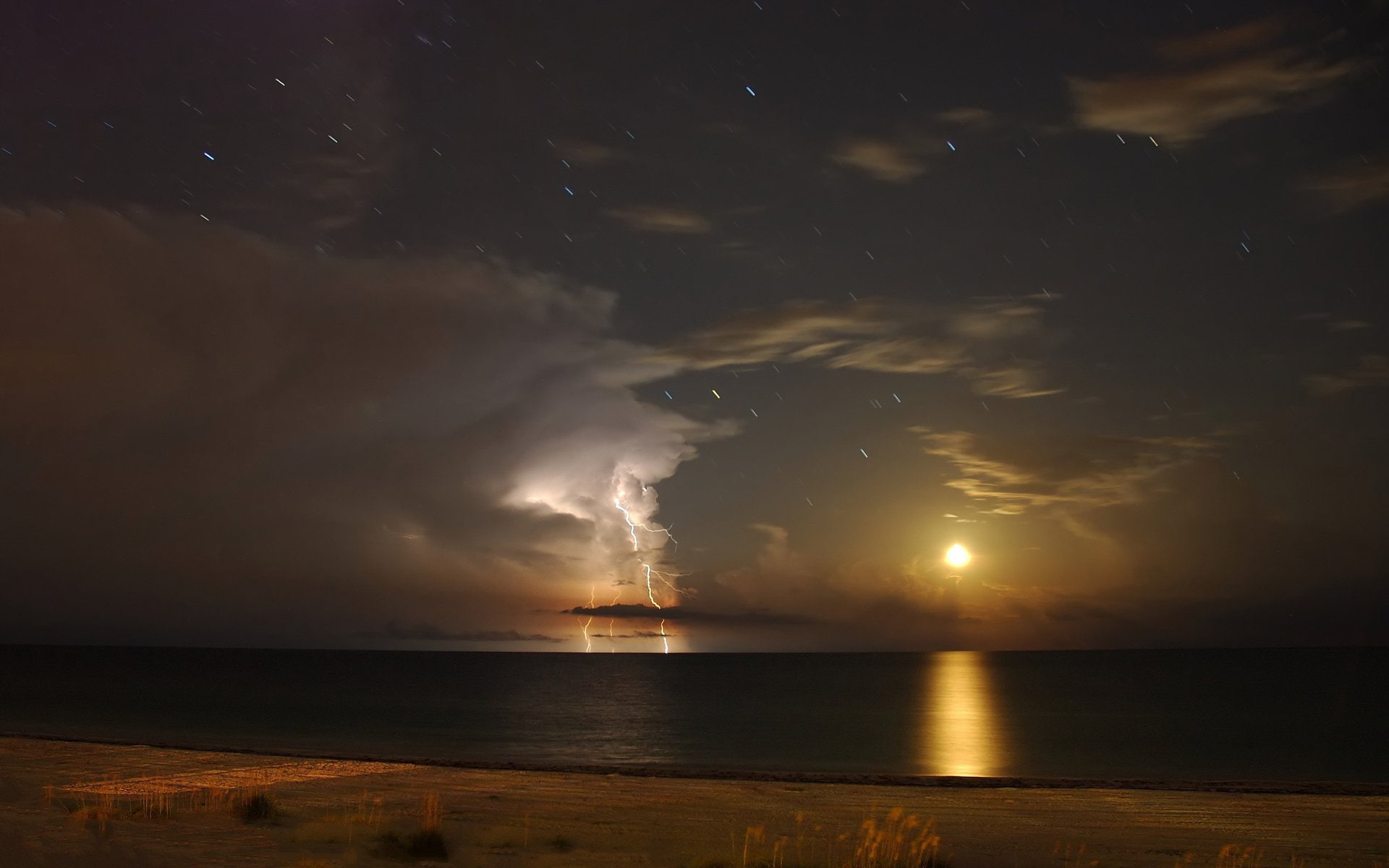 Moon, Anna Maria Island, Lightning, Antares, Florida, 1080P, Cloud, Photography, Stars, Gulf Of Mexico, HD Wallpaper