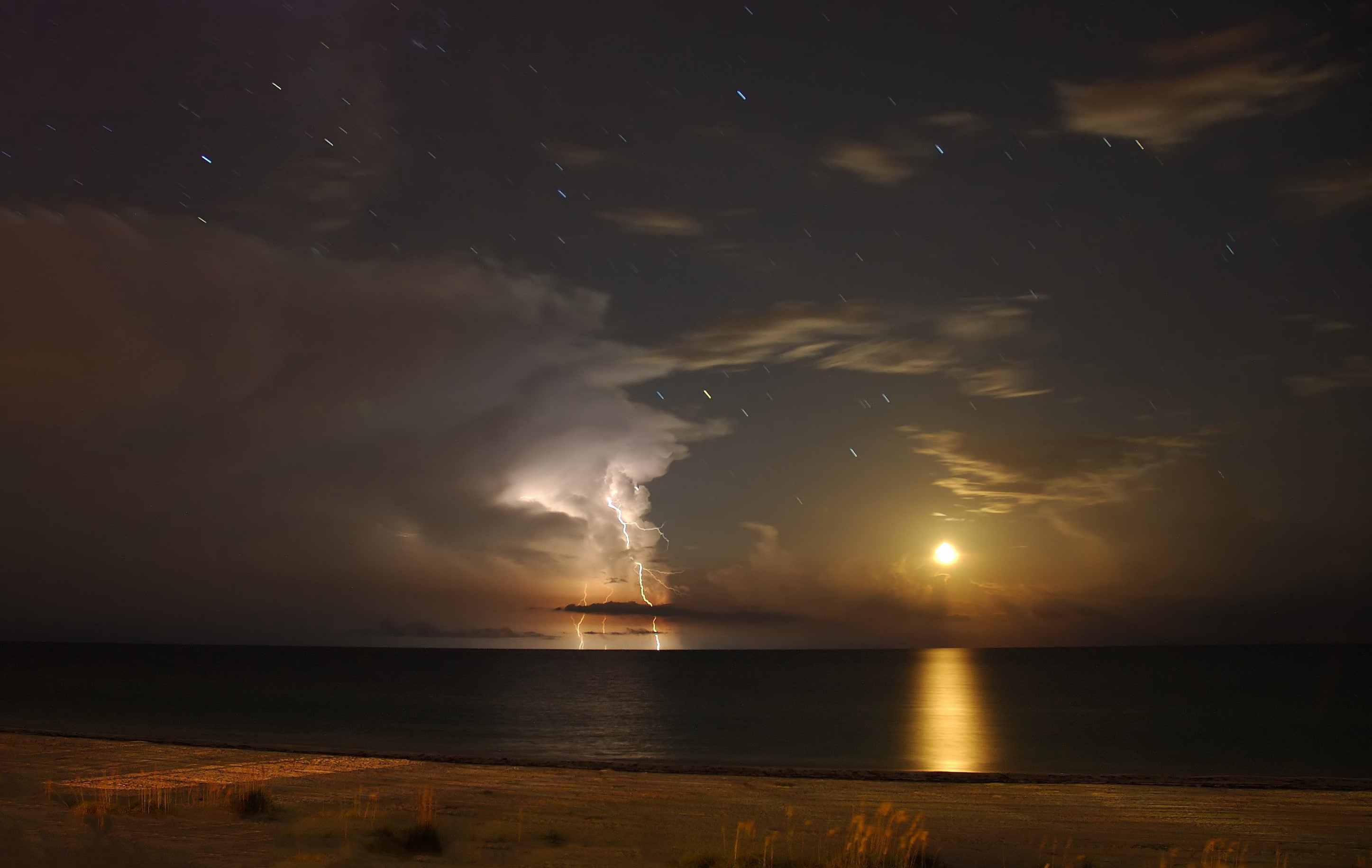 body, stars, thunderstorm, land, sky, tranquility, clouds, outdoors, storm, scenics - nature, horizon, The moon, tranquil scene, water, 2K, lightning, HD Wallpaper