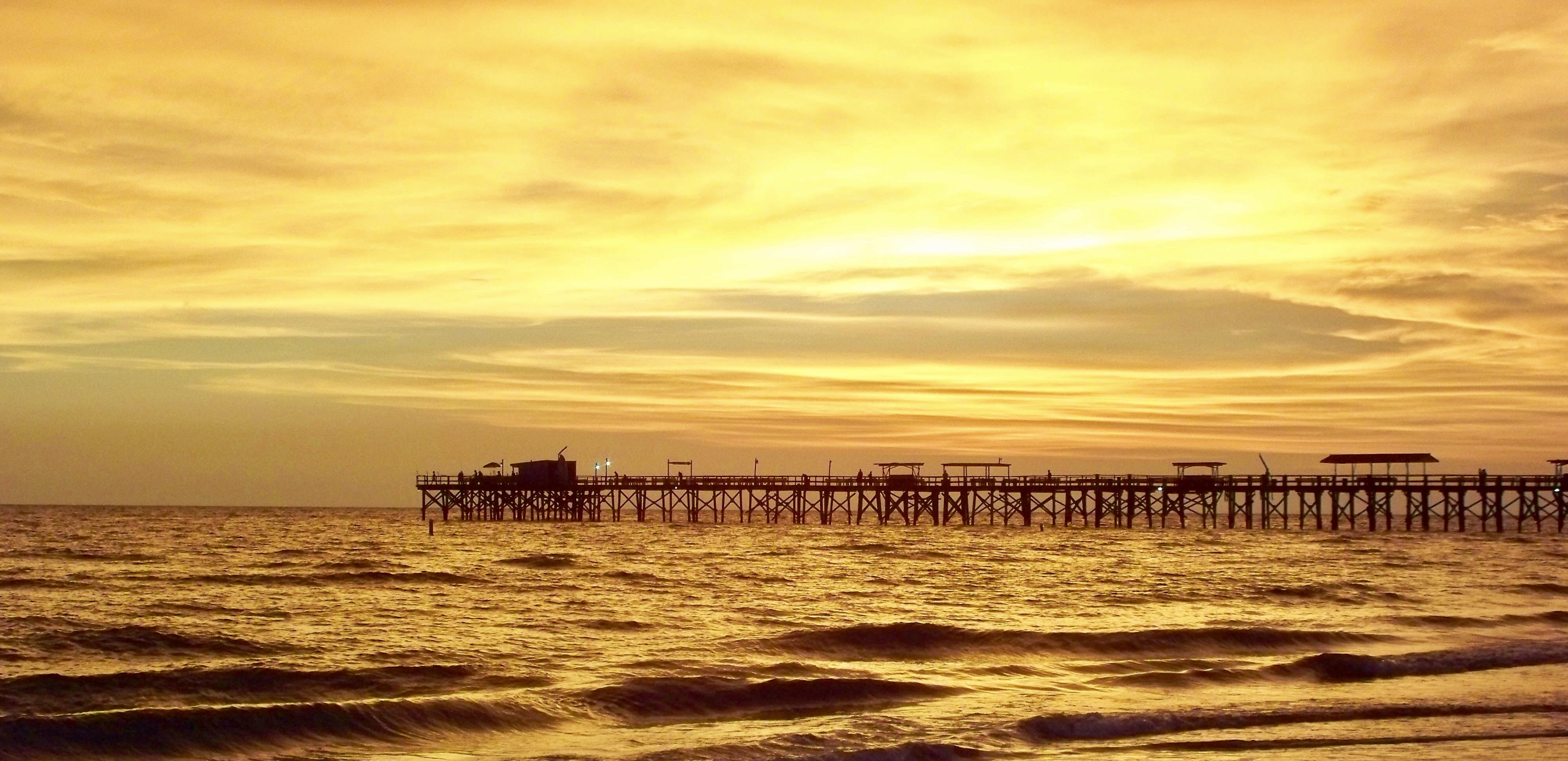 pier, sunset, beauty in nature, water, architecture, sky, sea, united states, tranquil scene, horizon over water, florida, no people, land, north redington beach, HD Wallpaper