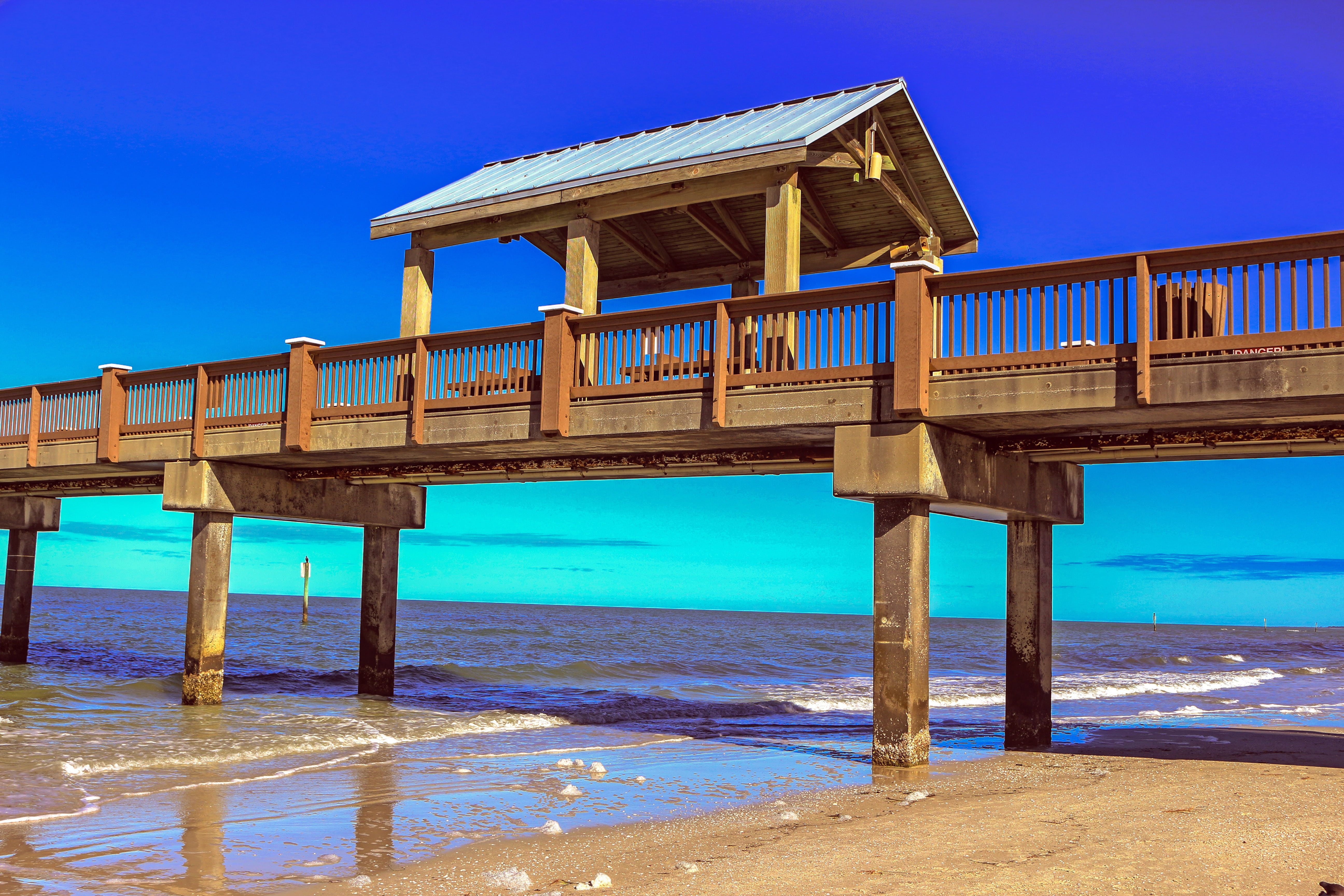 sea, tampa bay, sunny day, tranquility, pier 60, travel destinations, beach, clear sky, architecture, built structure, wood - material, water, land, blue, HD Wallpaper