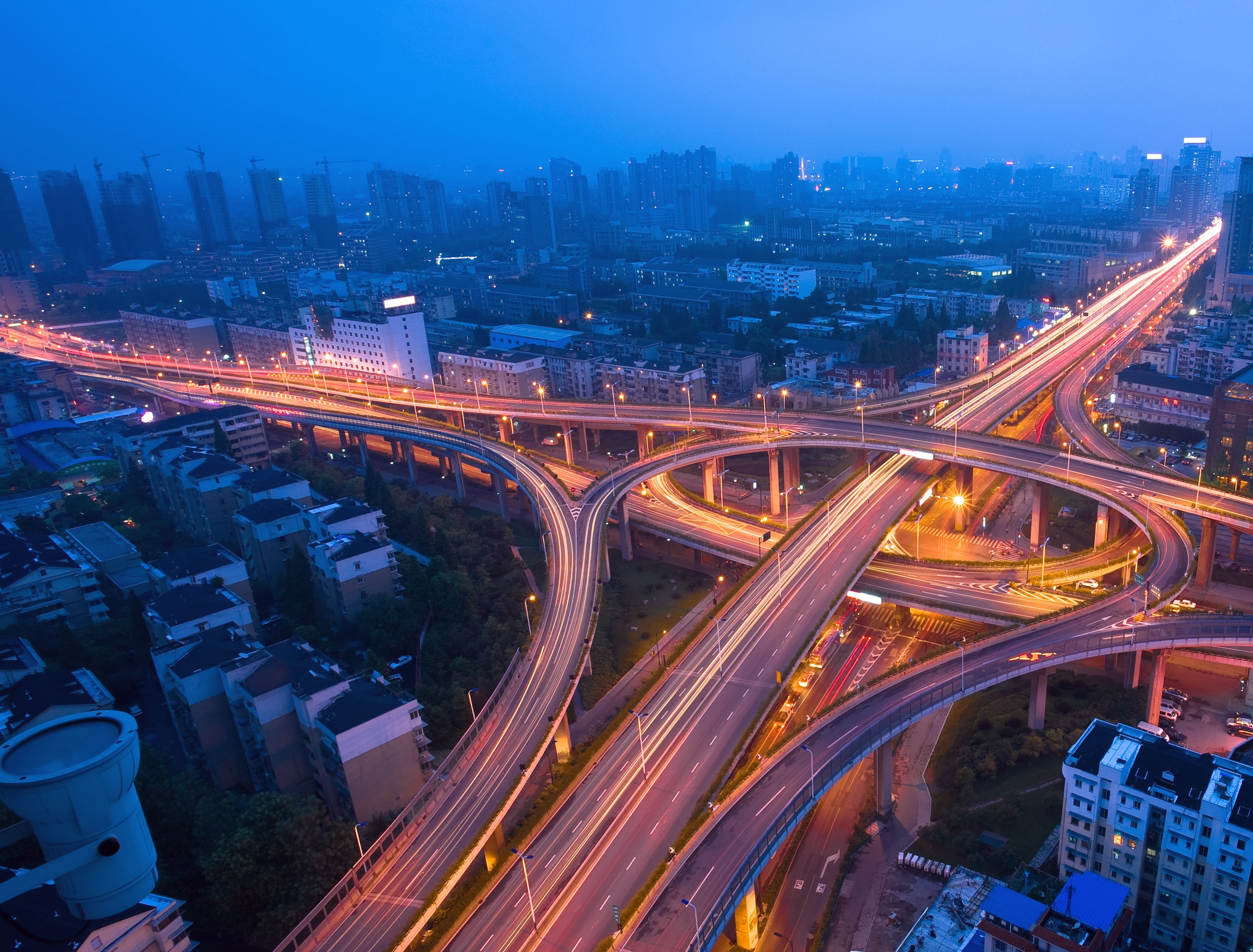 long exposure, Flyover, transportation, Motion, city street, overpass, 5K, high angle view, Night, Light, Blue mist, office building exterior, multiple lane highway, HD Wallpaper