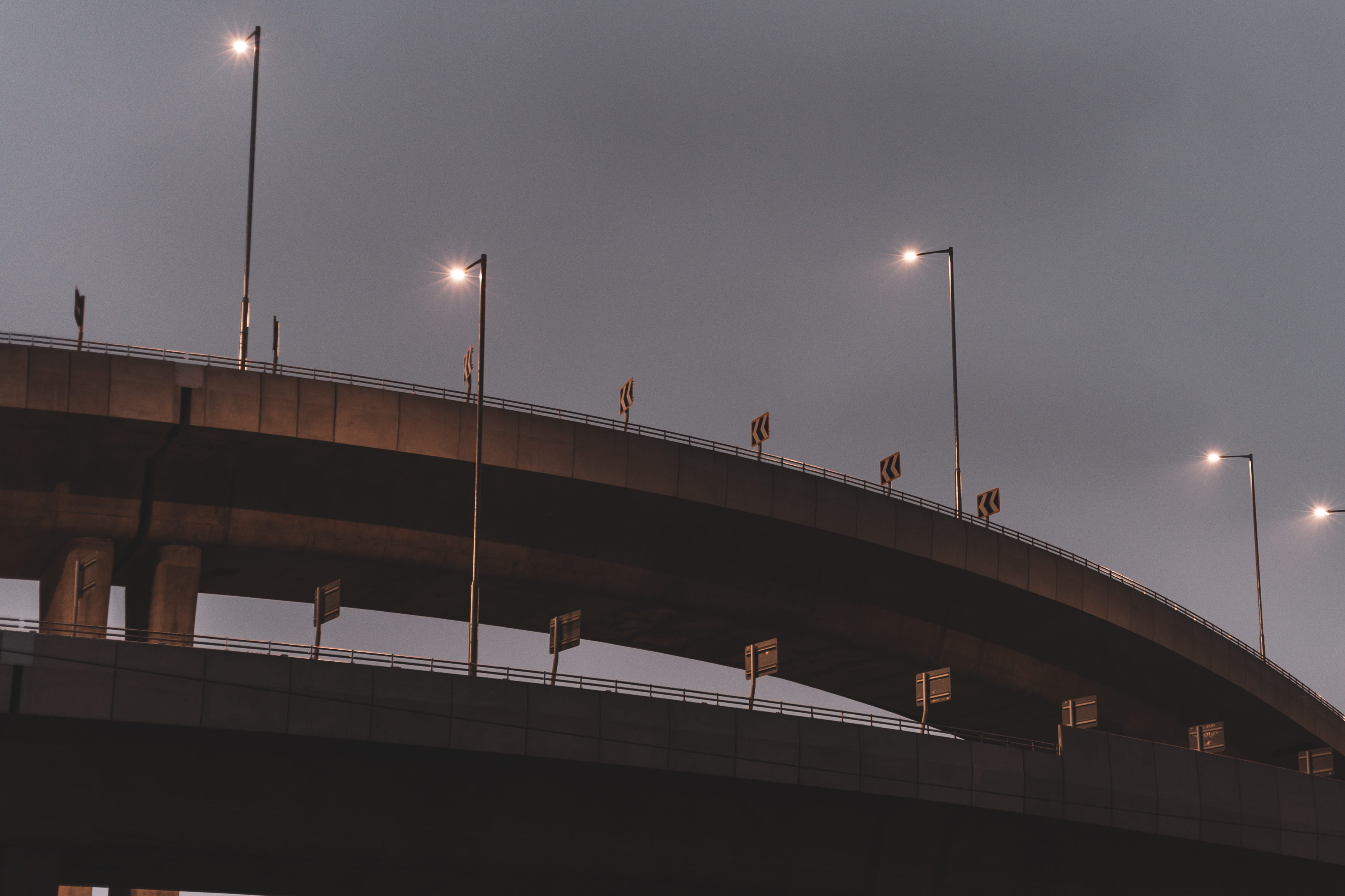 two, illuminated, architecture, light, lamps, night, signs, sky, road, speedway, tower, moon, street, building, outdoors, transportation, handrail, banister, HD Wallpaper