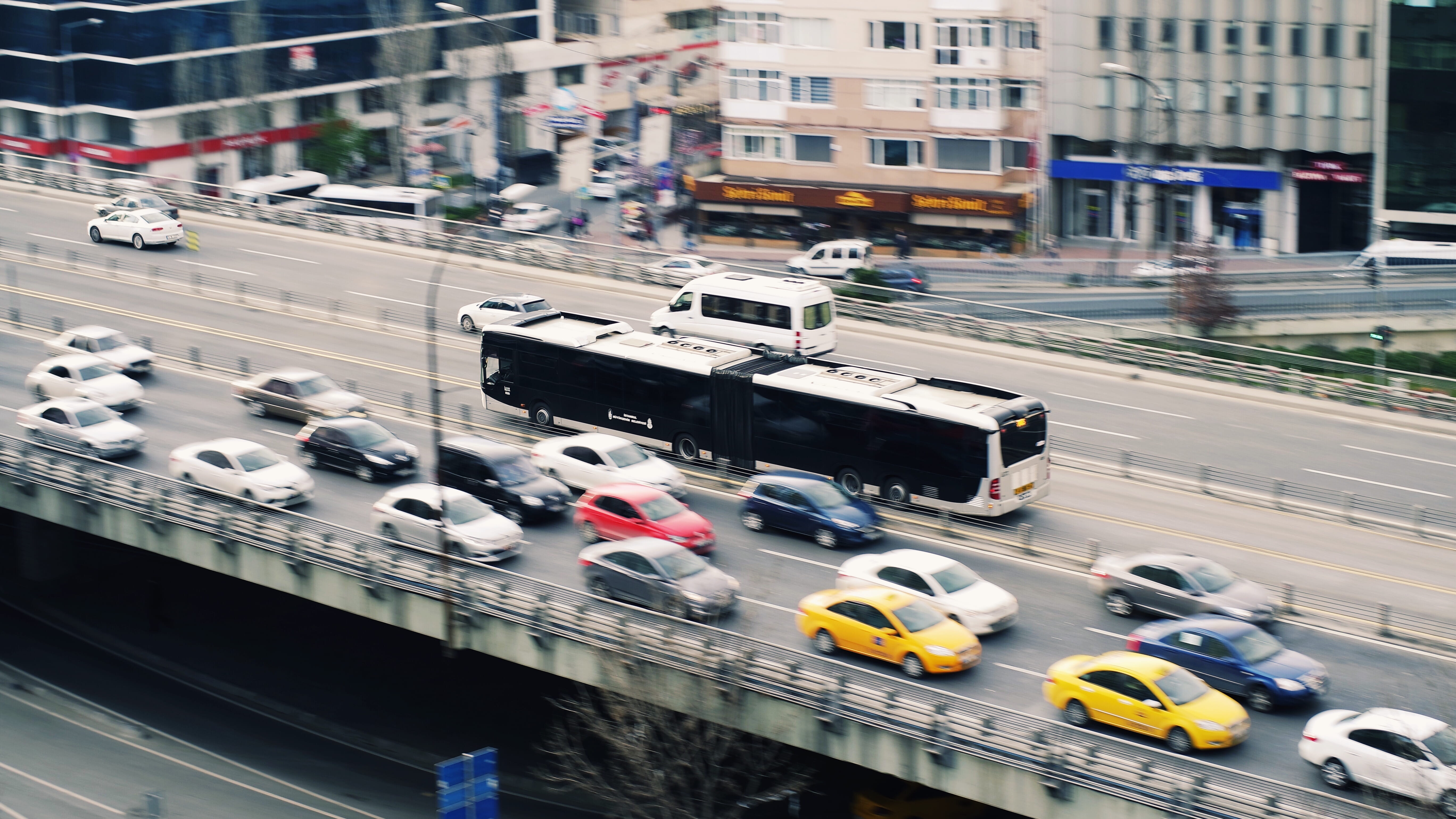 architecture, outdoors, bus, mode of transportation, citylife, built structure, land vehicle, car, public transportation, city life, traffic jam, black, HD Wallpaper