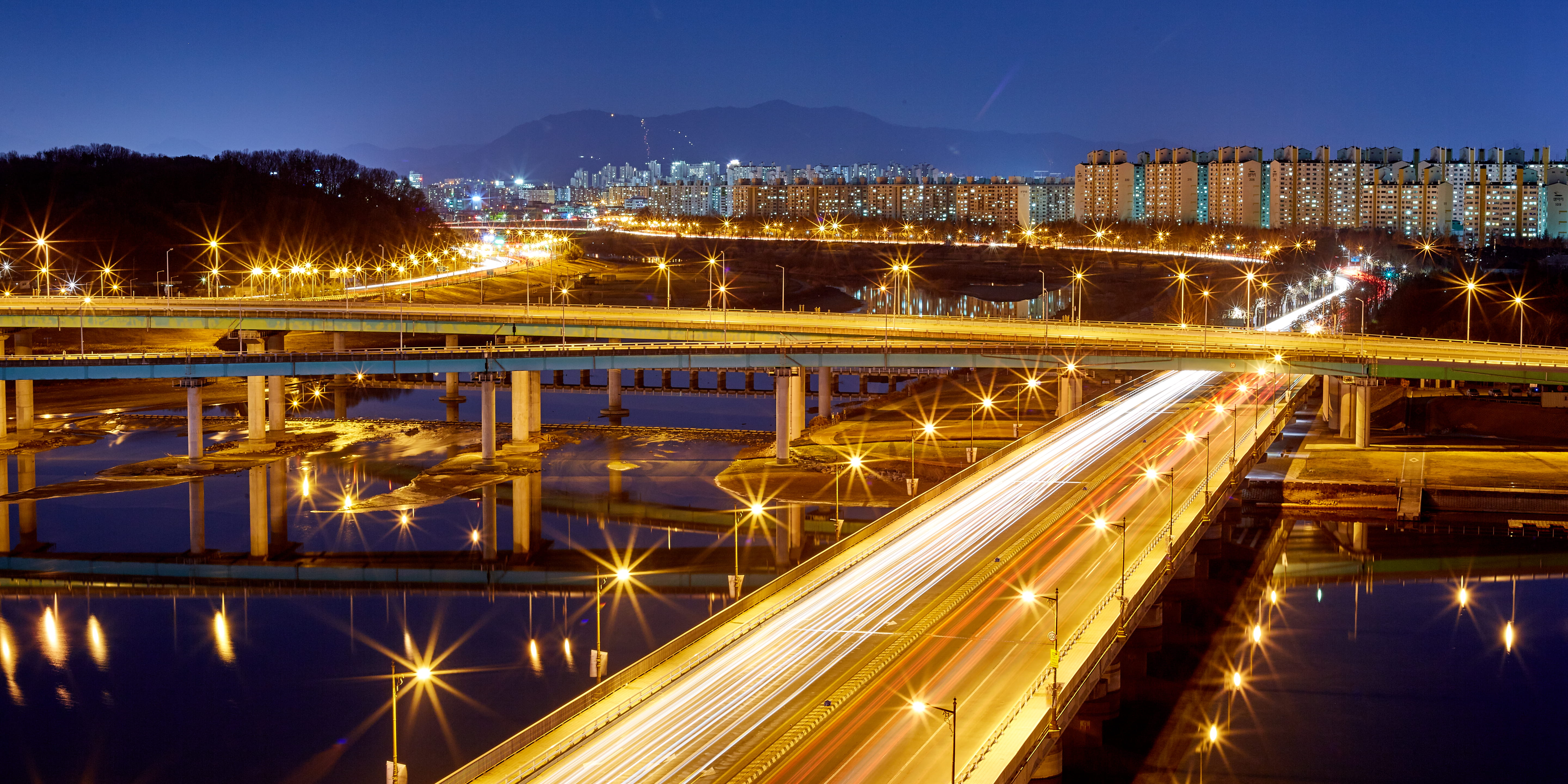 sky, streak, speed, car, bridge - man made structure, water, flyover, architecture, vehicle light, time, mountain, city life, motion, transportation, building exterior, HD Wallpaper