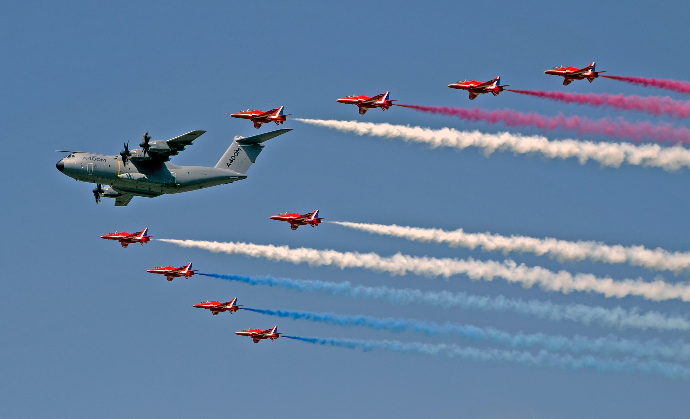 motion, air vehicle, airshow, four-engine, sky, nature, Royal Air Force, Red Arrows, The red arrows, support, skill, cloud - sky, order, 1080P, teamwork, HD Wallpaper