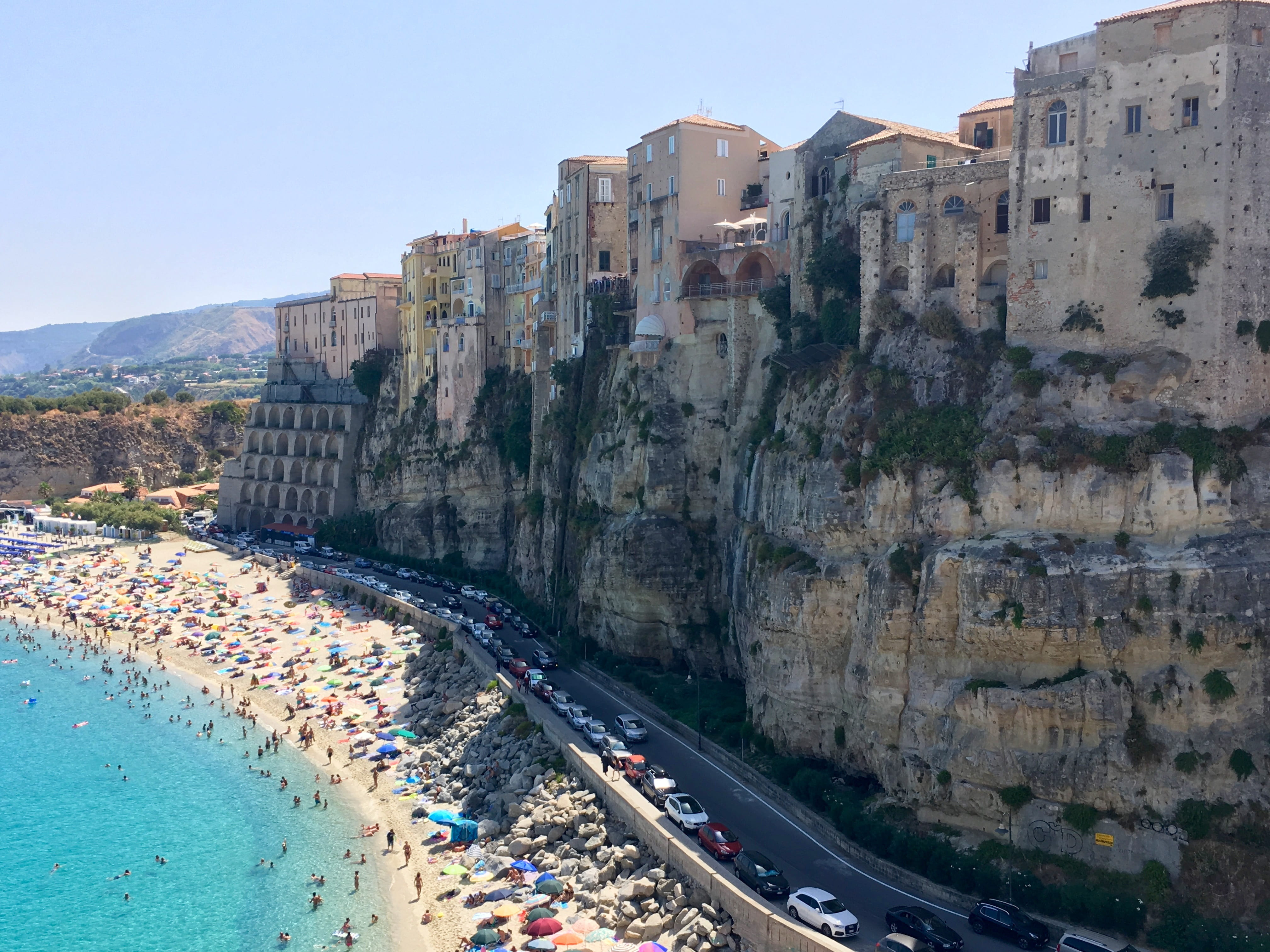 sky, beach, rock, building exterior, land, rock - object, water, no people, travel destinations, tropea, calabria, built structure, italy, sunlight, nature, HD Wallpaper