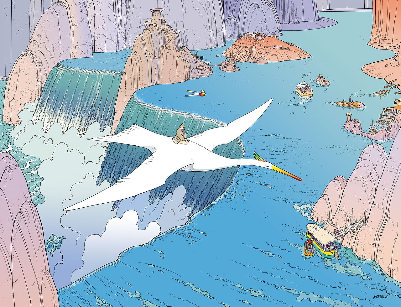 vertebrate, no people, art and craft, waterfall, bird, nature, craft, blue, day, transportation, creativity, mural, Mœbius, animal themes, animal wildlife, HD Wallpaper