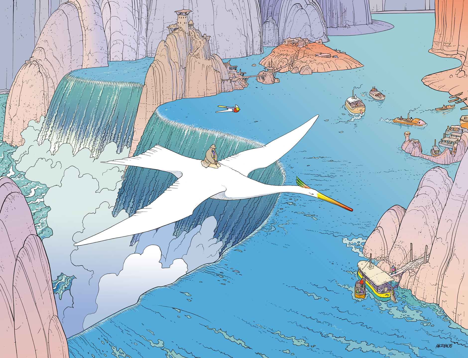 waterfall, comics, 720P, Mœbius, artwork, HD Wallpaper
