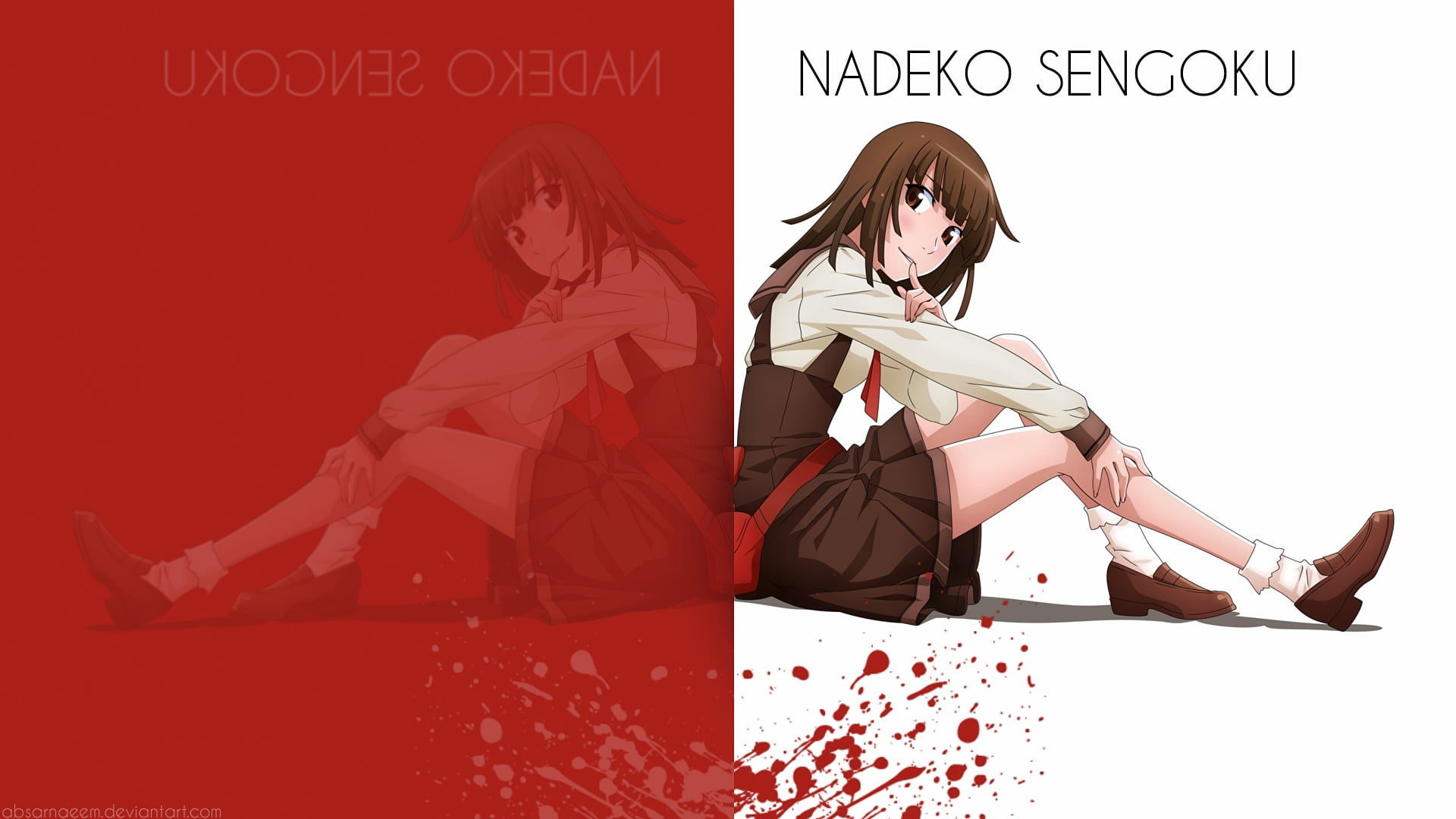 western script, paper, text, Sengoku Nadeko, front view, full length, marketing, indoors, creativity, adult, communication, red, studio shot, young women, HD Wallpaper