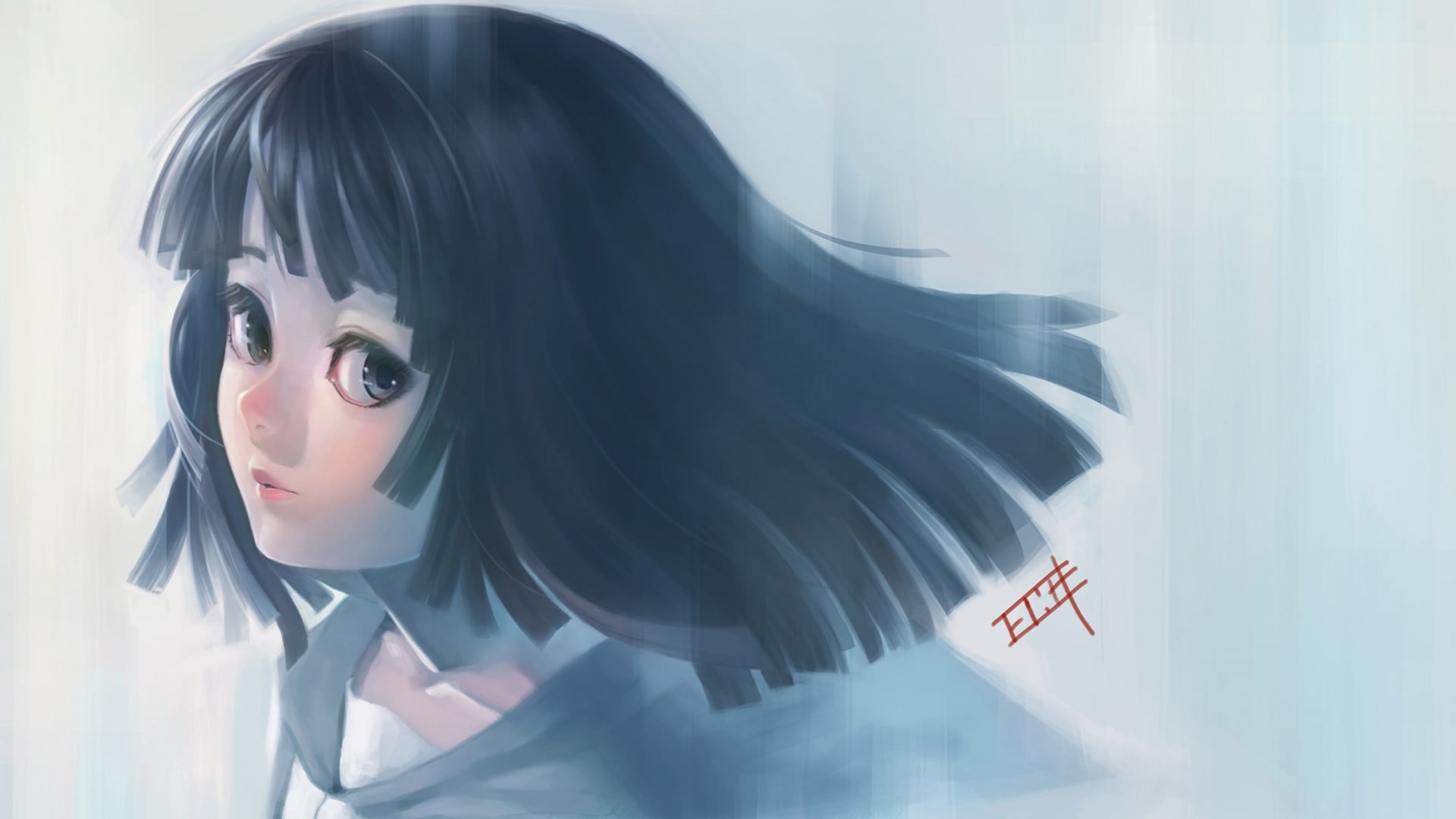bangs, young adult, looking, real people, digital composite, portrait, headshot, black hair, Sengoku Nadeko, beauty, contemplation, watermarked, beautiful woman, HD Wallpaper