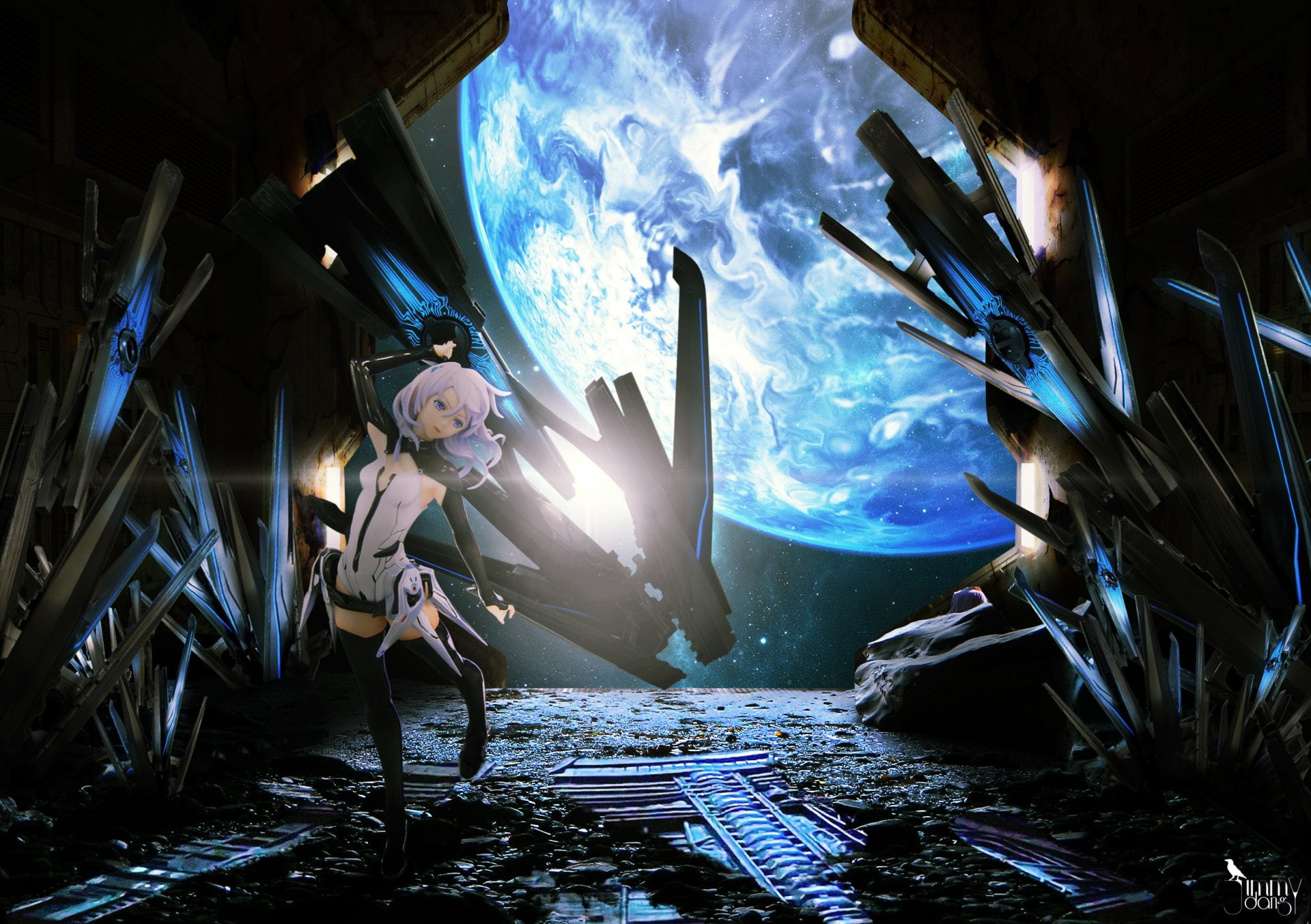 architecture, adventure, indoors, welding, Lacia (Beatless), standing, illuminated, adult, Anime, full length, real people, one person, young adult, built structure, HD Wallpaper