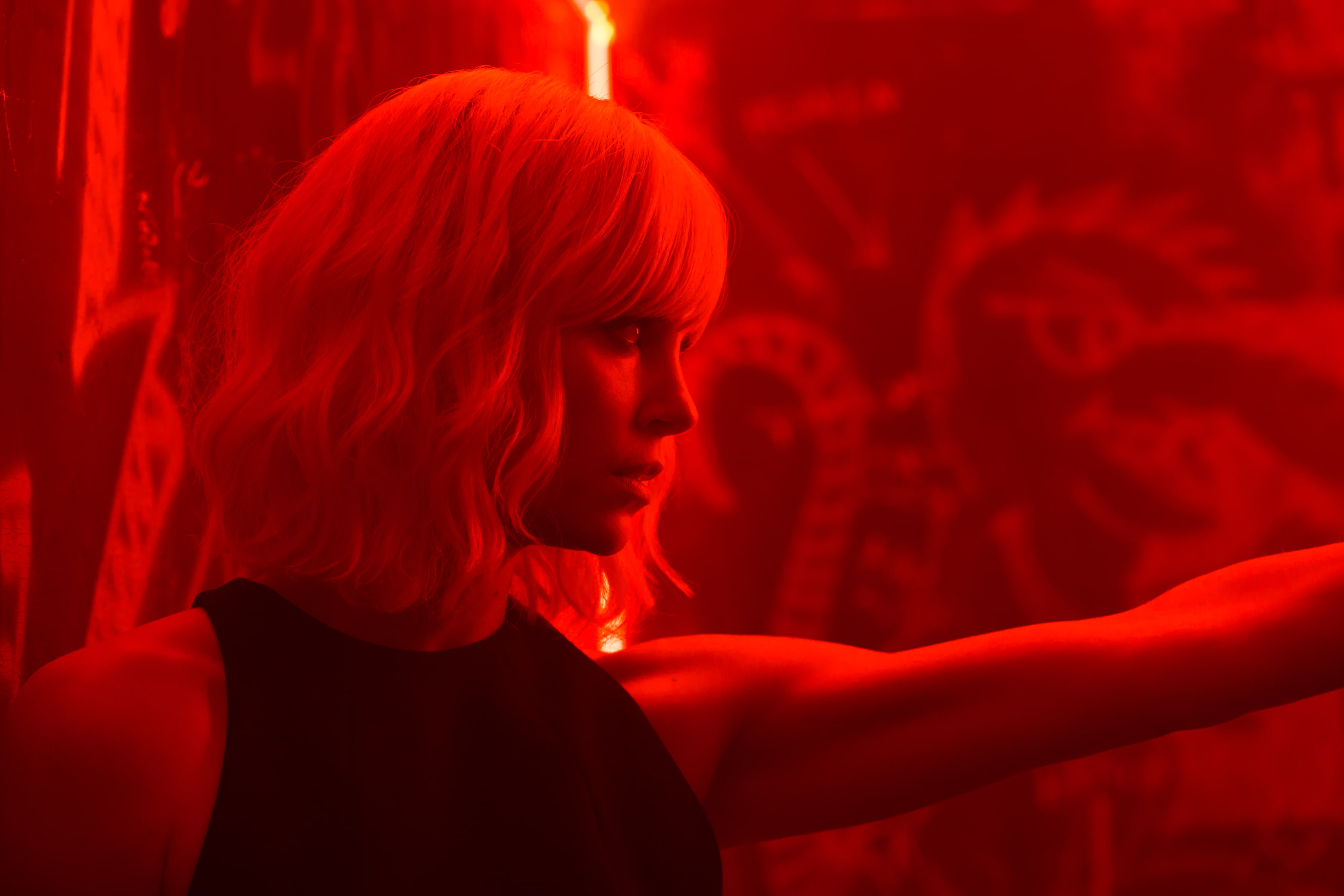 illuminated, young women, adult, headshot, dyed red hair, looking, 2017, Lorraine Broughton, Atomic Blonde, hairstyle, 2K, beautiful woman, night, Charlize Theron, HD Wallpaper