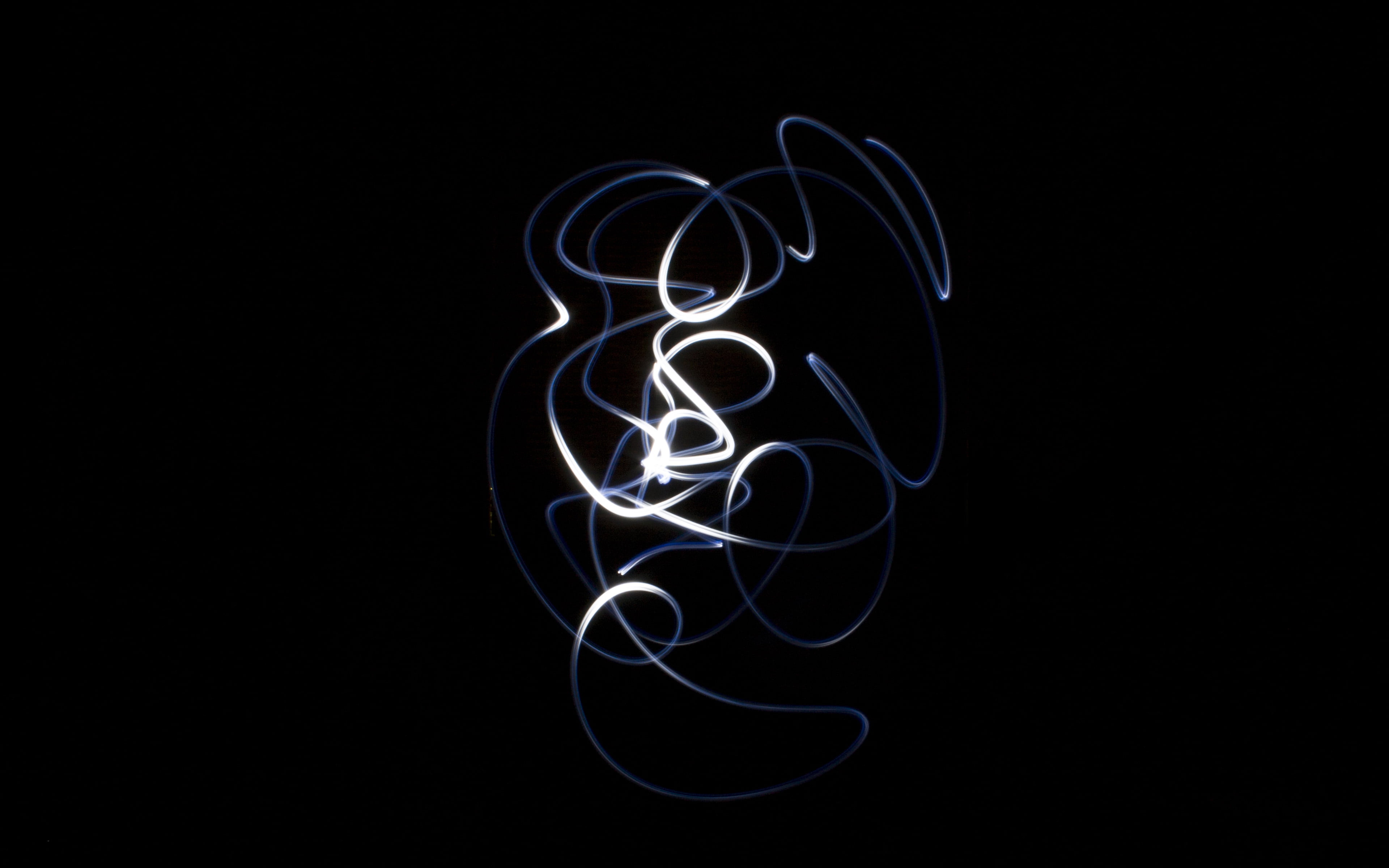 4K, indoors, swirl, blue, pattern, light trail, light, scribble, dark, smoke - physical structure, single object, motion, art, art and craft, illuminated, HD Wallpaper