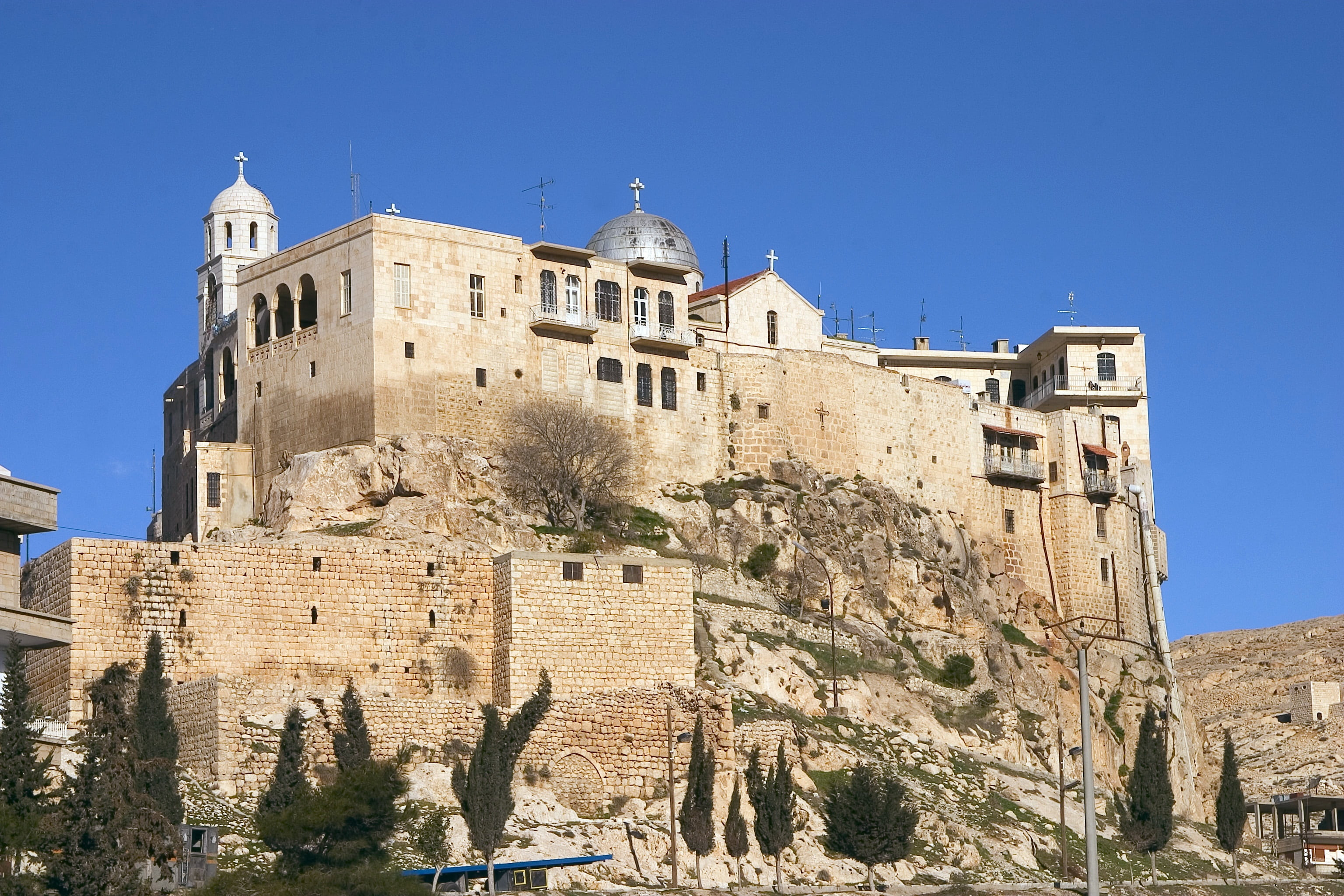 no people, the past, religion, castle, blue, nature, plant, clear sky, sky, maalola, christlisches villages, place of worship, tree, 2K, architecture, HD Wallpaper