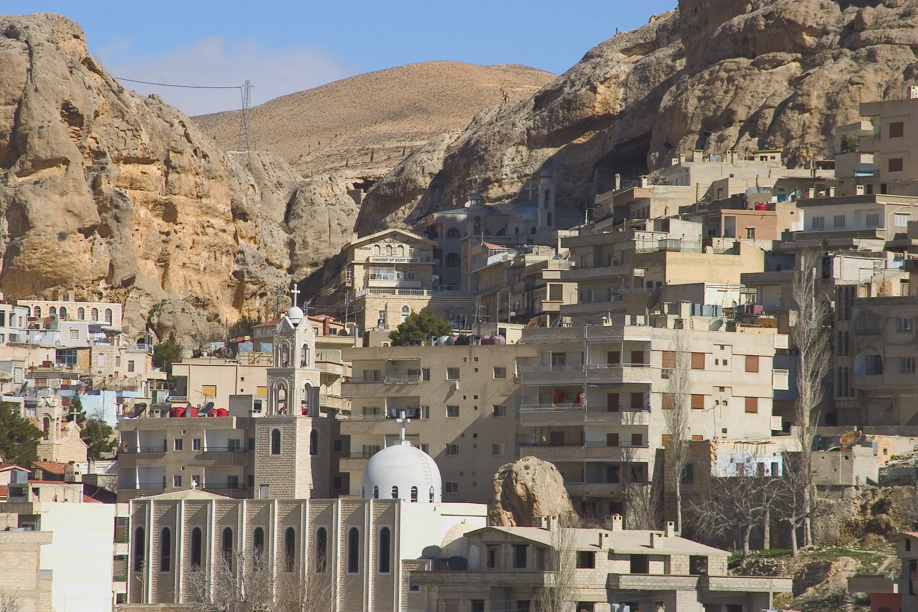 belief, no people, place of worship, maalola, built structure, residential district, religion, mountain, nature, day, travel destinations, 2K, sunlight, HD Wallpaper