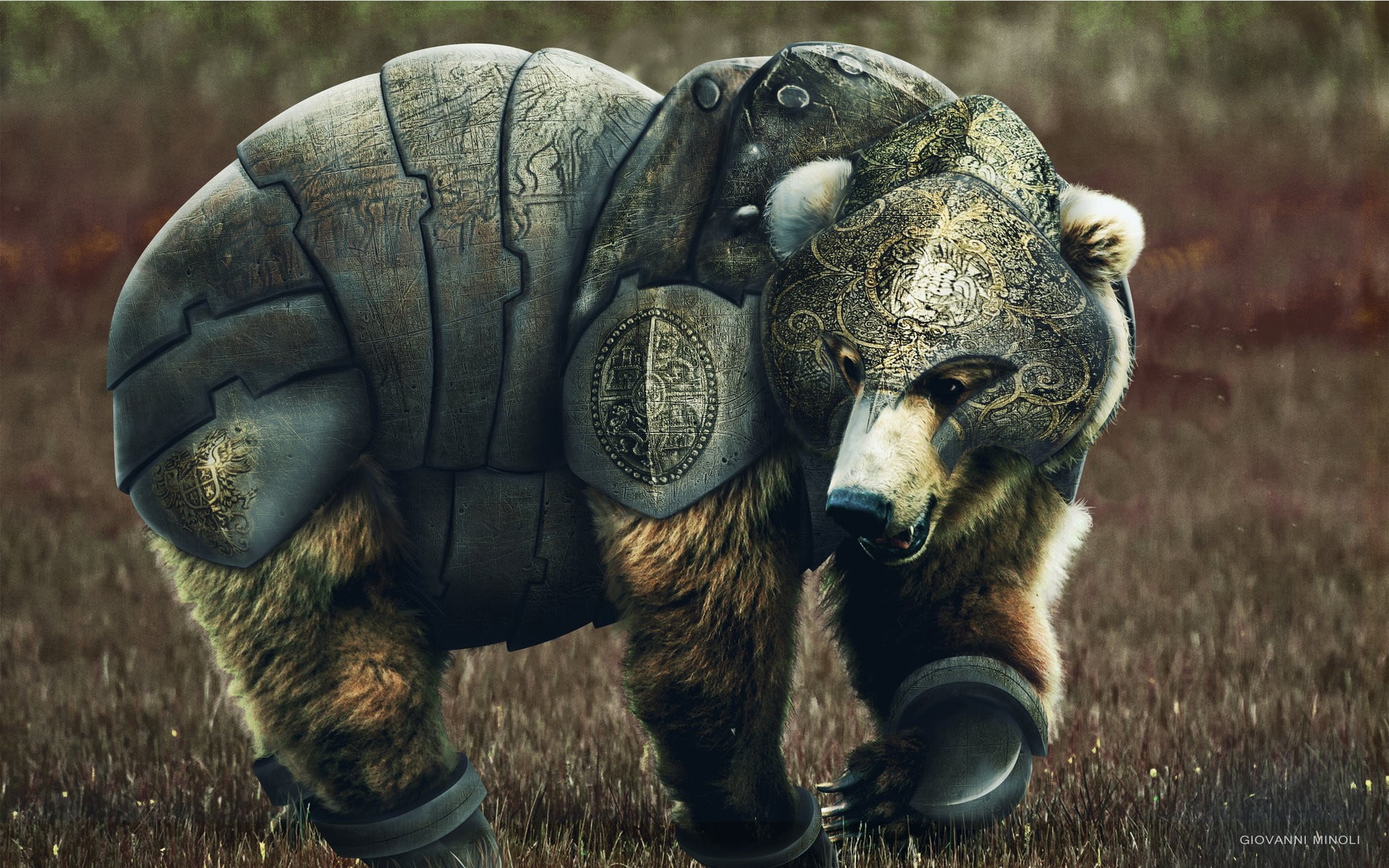 mammal, animal, animals in the wild, one animal, aggression, grass, animal themes, art and craft, nature, elephant, bears, vertebrate, brown, HD Wallpaper