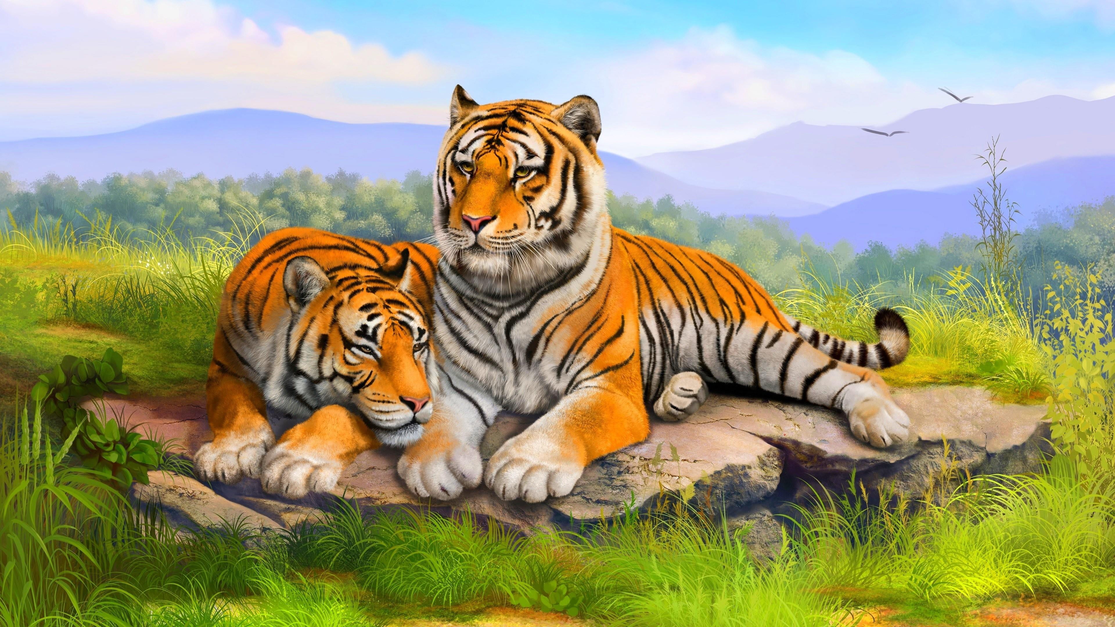 plant, jungle, animal themes, relaxation, animal wildlife, no people, nature, carnivora, artwork, mammal, fantasy tiger, painting, group of animals, feline, HD Wallpaper