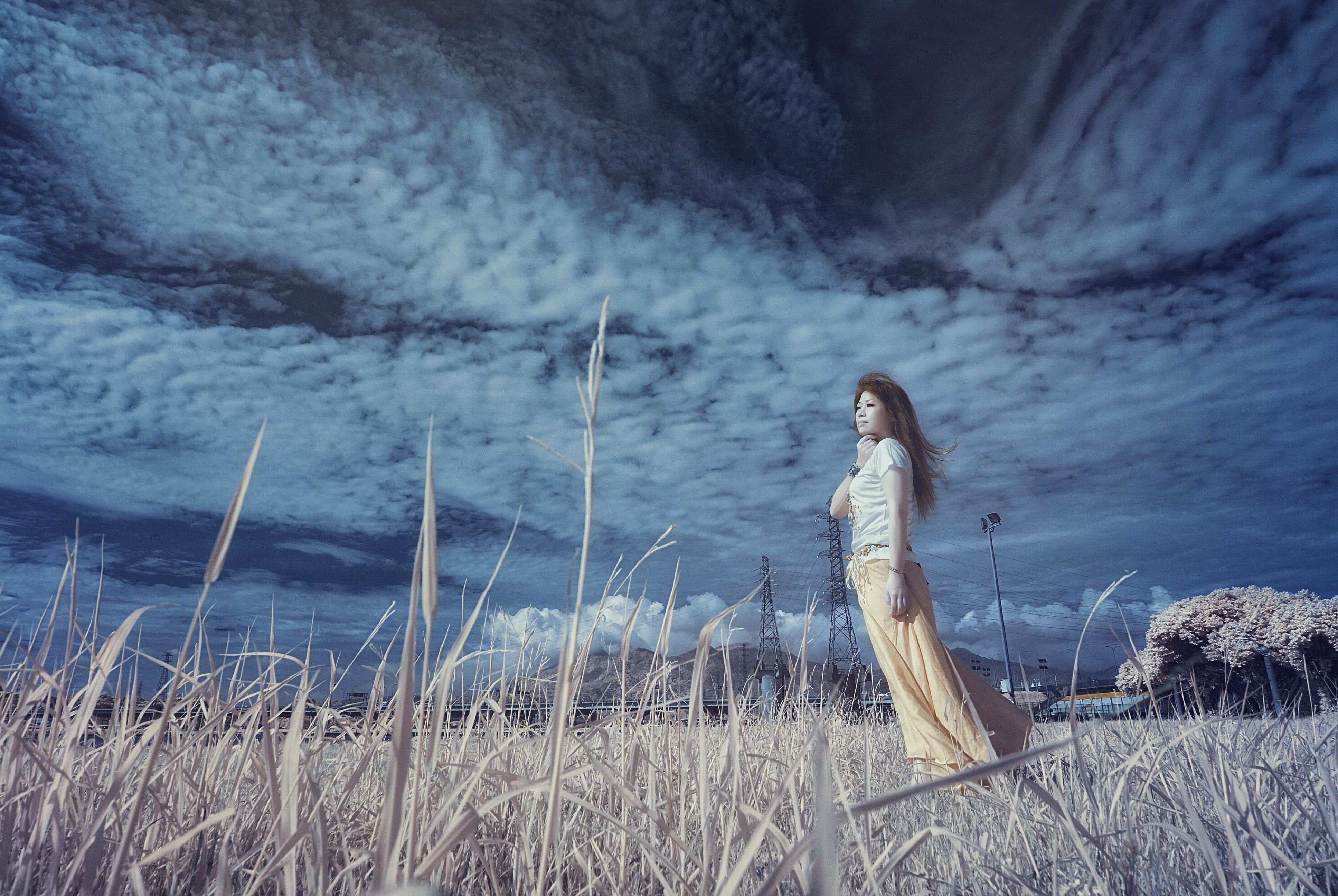 real people, one person, full length, leisure activity, 4K, plant, women, adult, hairstyle, beauty in nature, cloud - sky, long skirt, white tops, standing, HD Wallpaper