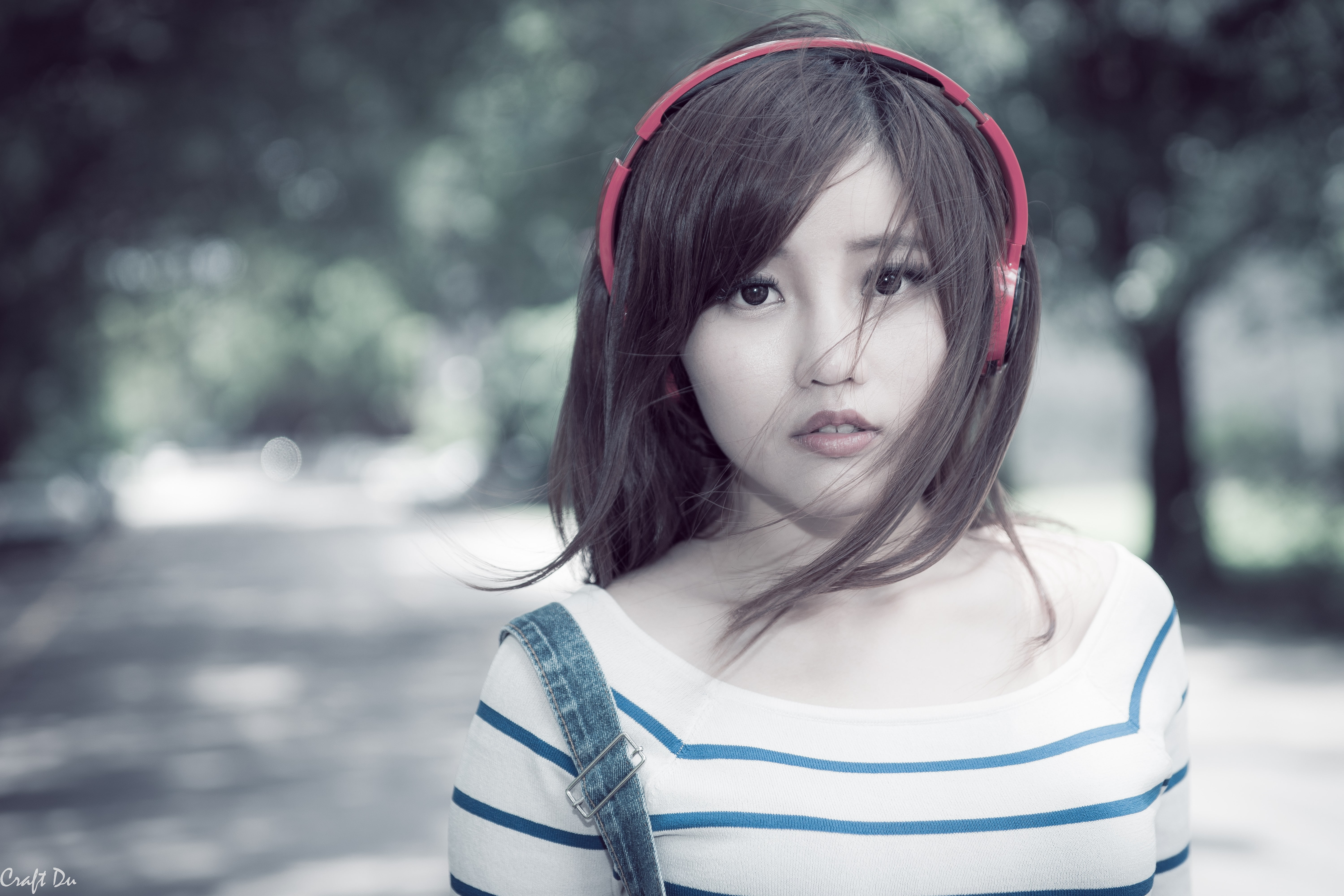 hair in face, looking at camera, outdoors, casual clothing, front view, brunette, hairstyle, Asian, innocence, day, headphones, hair, lifestyles, women, HD Wallpaper