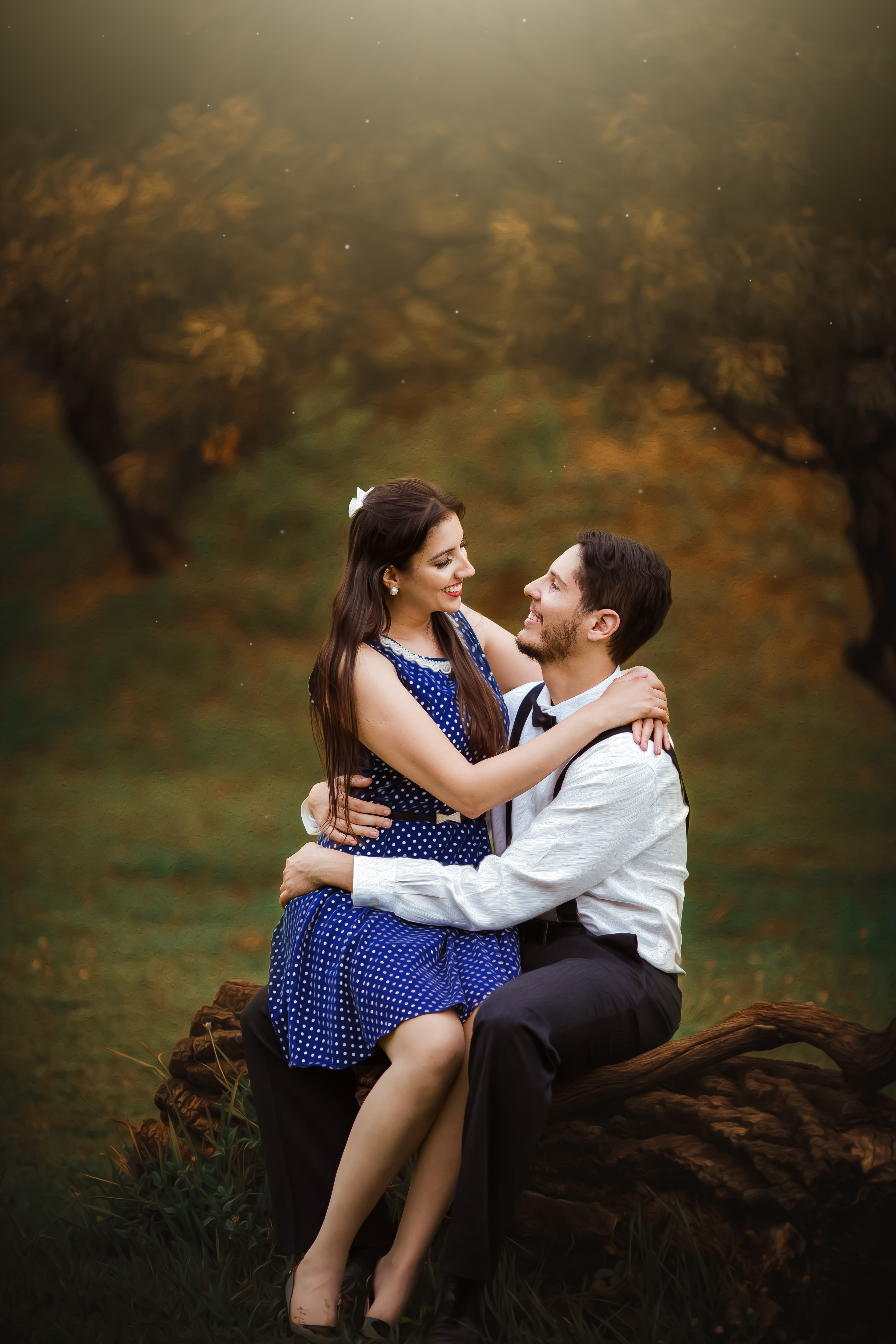 happiness, men, clothing, women, model, bow-tie, photography, low saturation, romance, blue dress, couple, 5K, Smile, jeans, white shirt, people, Phone HD Wallpaper