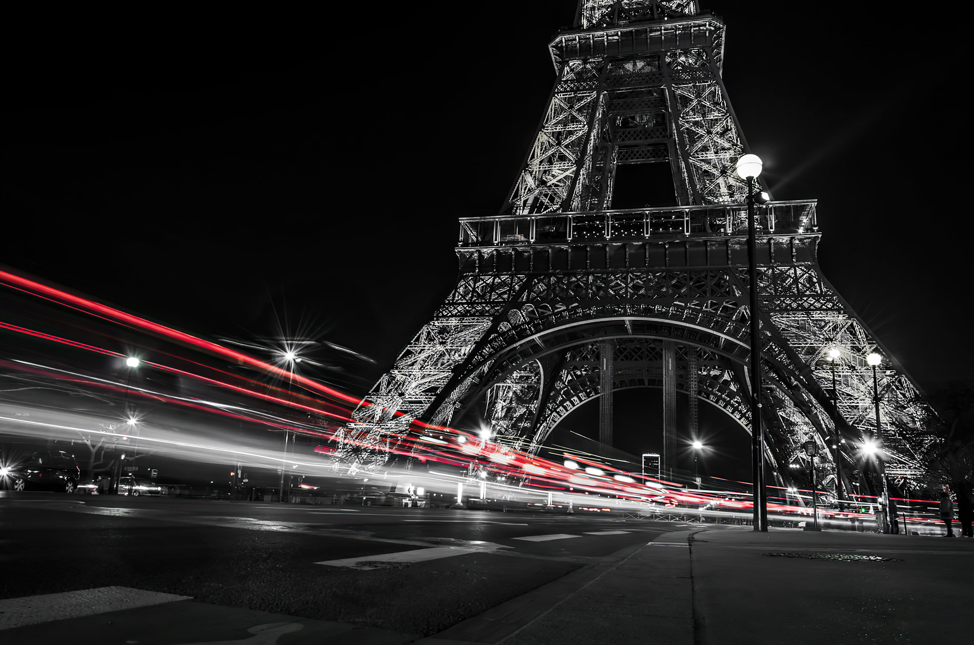 road, selective coloring, photography, light trails, 2K, low saturation, red, digital, Paris, city, tower, HD Wallpaper