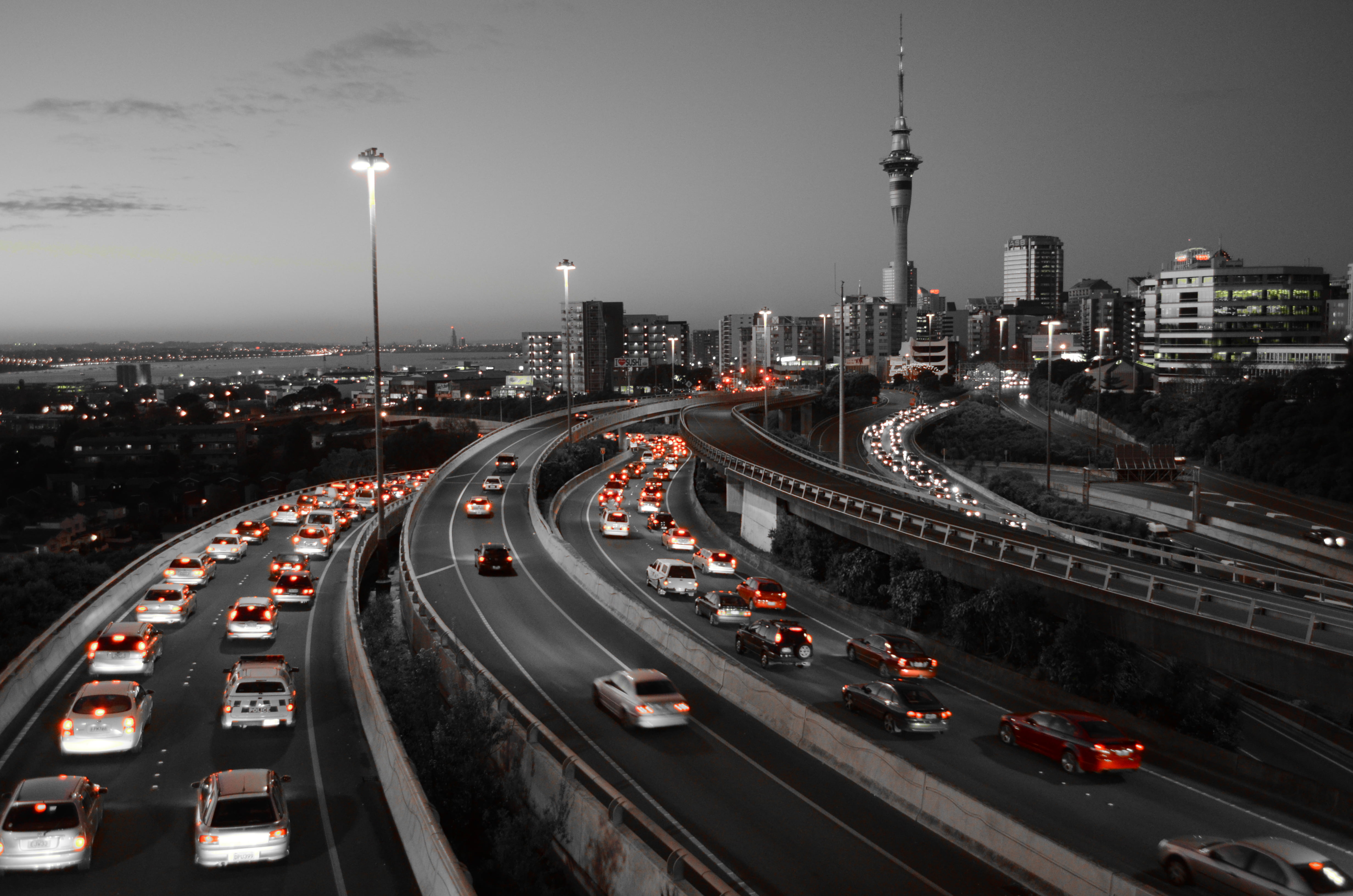 low saturation, photography, Auckland, urban, selective coloring, road, city, cityscape, red, 4K, HD Wallpaper