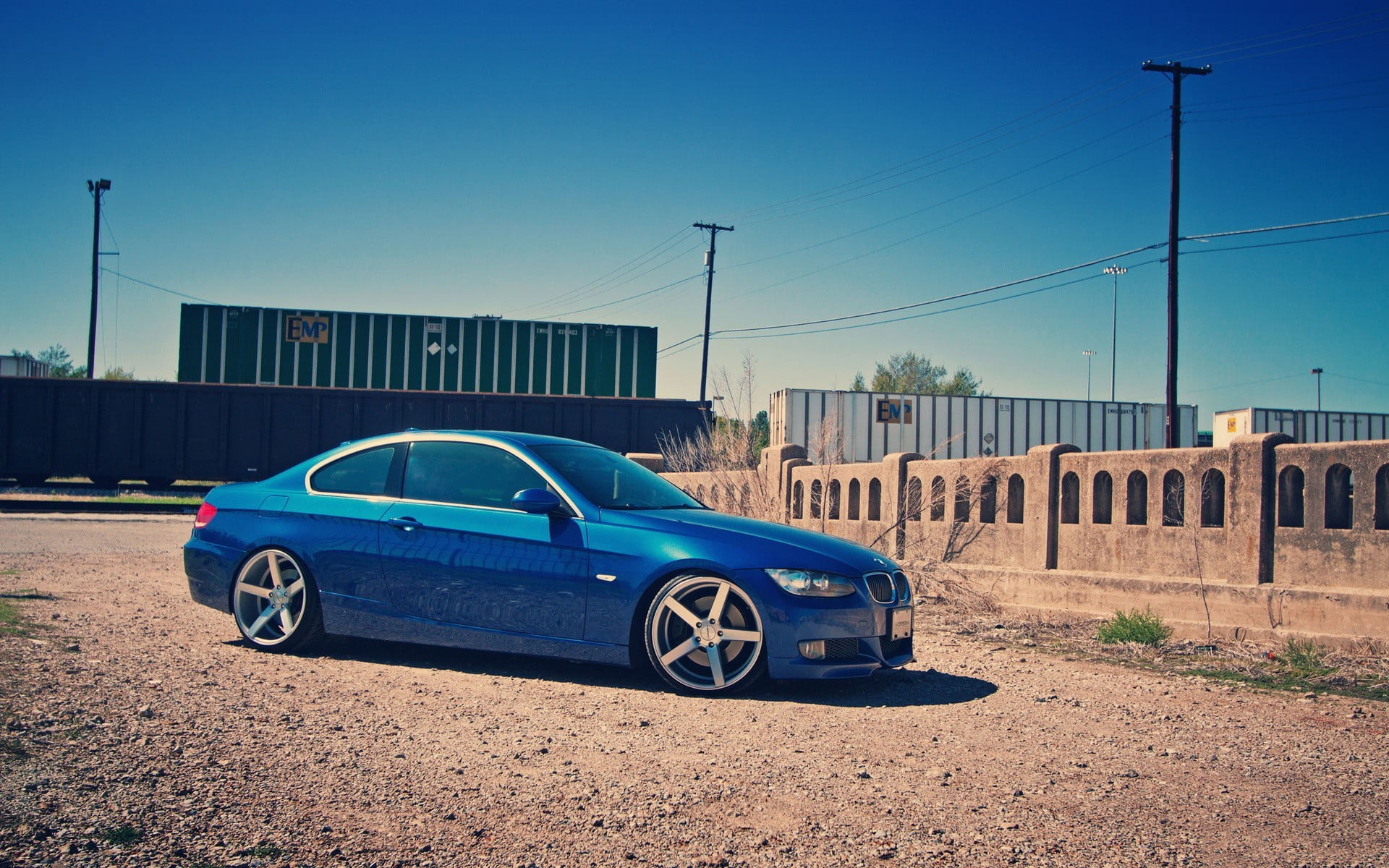 1080P, no people, nature, sunlight, car, blue, city, built structure, BMW 3 Series, vintage car, blue cars, mode of transportation, retro styled, sky, HD Wallpaper