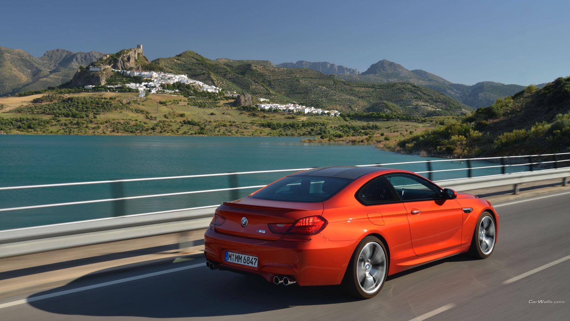road, th, motor vehicle, BMW, camaro, gen, railing, mode of transportation, red cars, architecture, red, nature, mountain range, day, transportation, 1080P, HD Wallpaper