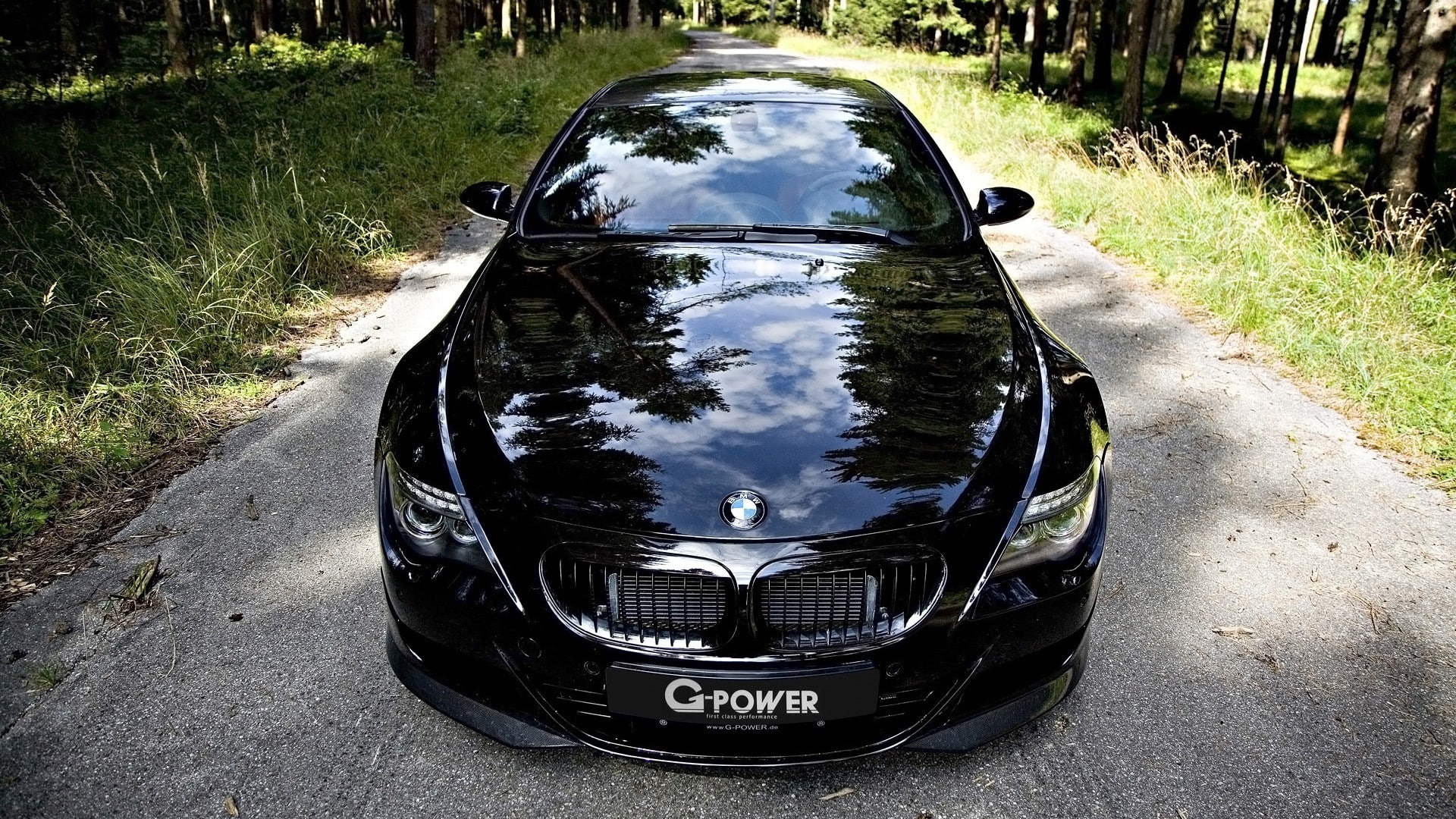 transportation, road, reflection, land vehicle, grass, motor vehicle, 1080P, BMW M6 Hurricane RR, day, BMW, nature, plant, land, tree, water, diminishing perspective, HD Wallpaper