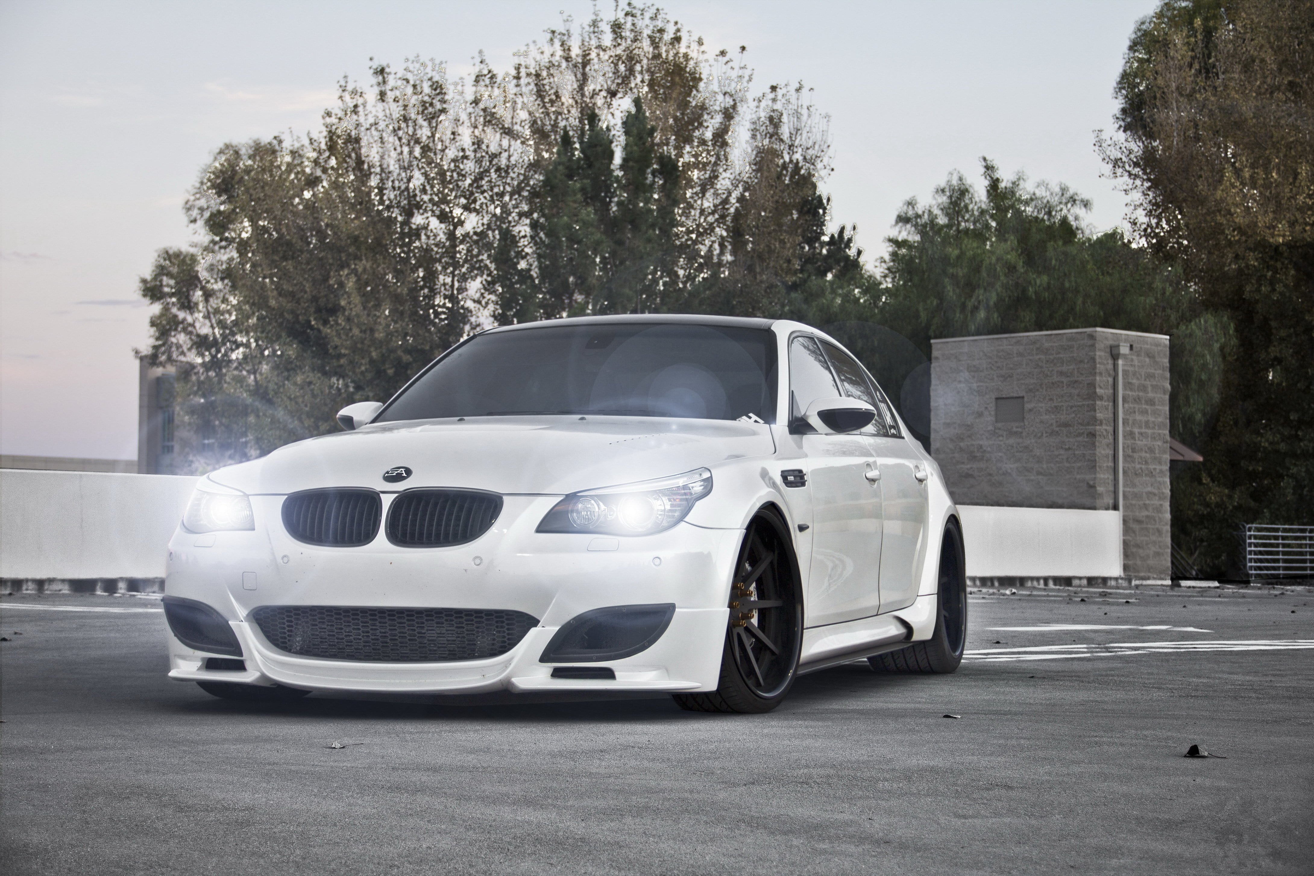 shiny, engine, sport, speed, front View, sports Car, light, lights, trees, mode of Transport, sedan, day, motor Vehicle, wheel, no People, BMW, e60, exhibition, HD Wallpaper