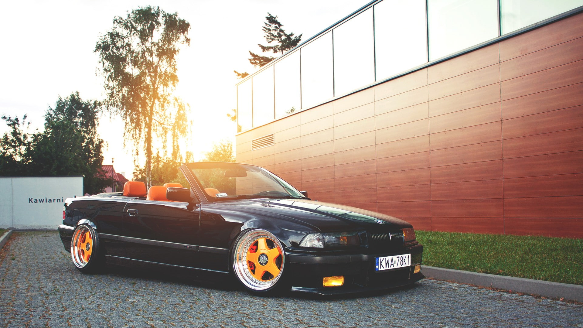 car, 1080P, wheel, architecture, sky, mode of transportation, transportation, sunlight, lens flare, tree, orange color, building exterior, outdoors, plant, HD Wallpaper