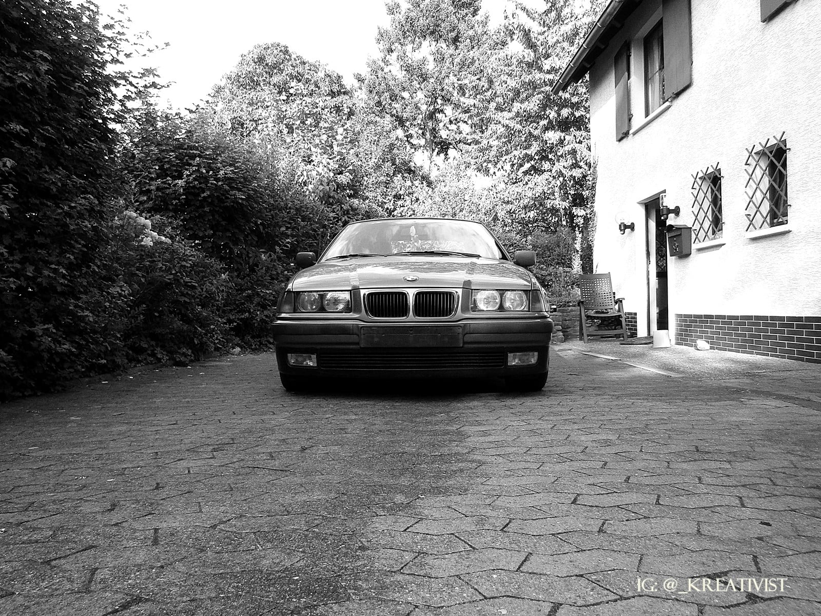 monochrome, city, footpath, street, building, no people, road, architecture, BMW E36, outdoors, plant, nature, car, cobblestone, motor vehicle, transportation, HD Wallpaper