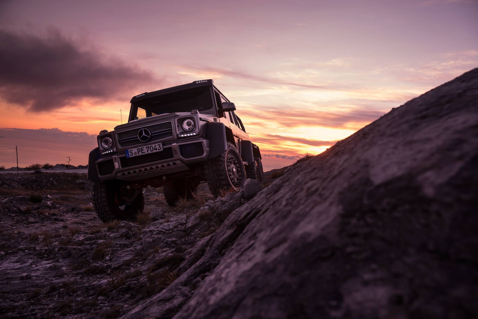 outdoors, land vehicle, Sky, landscape, car, motor vehicle, orange color, non-urban scene, Off-Road, Ligth, people, 6x6, transportation, cloud - sky, Mercedes-Benz, HD Wallpaper