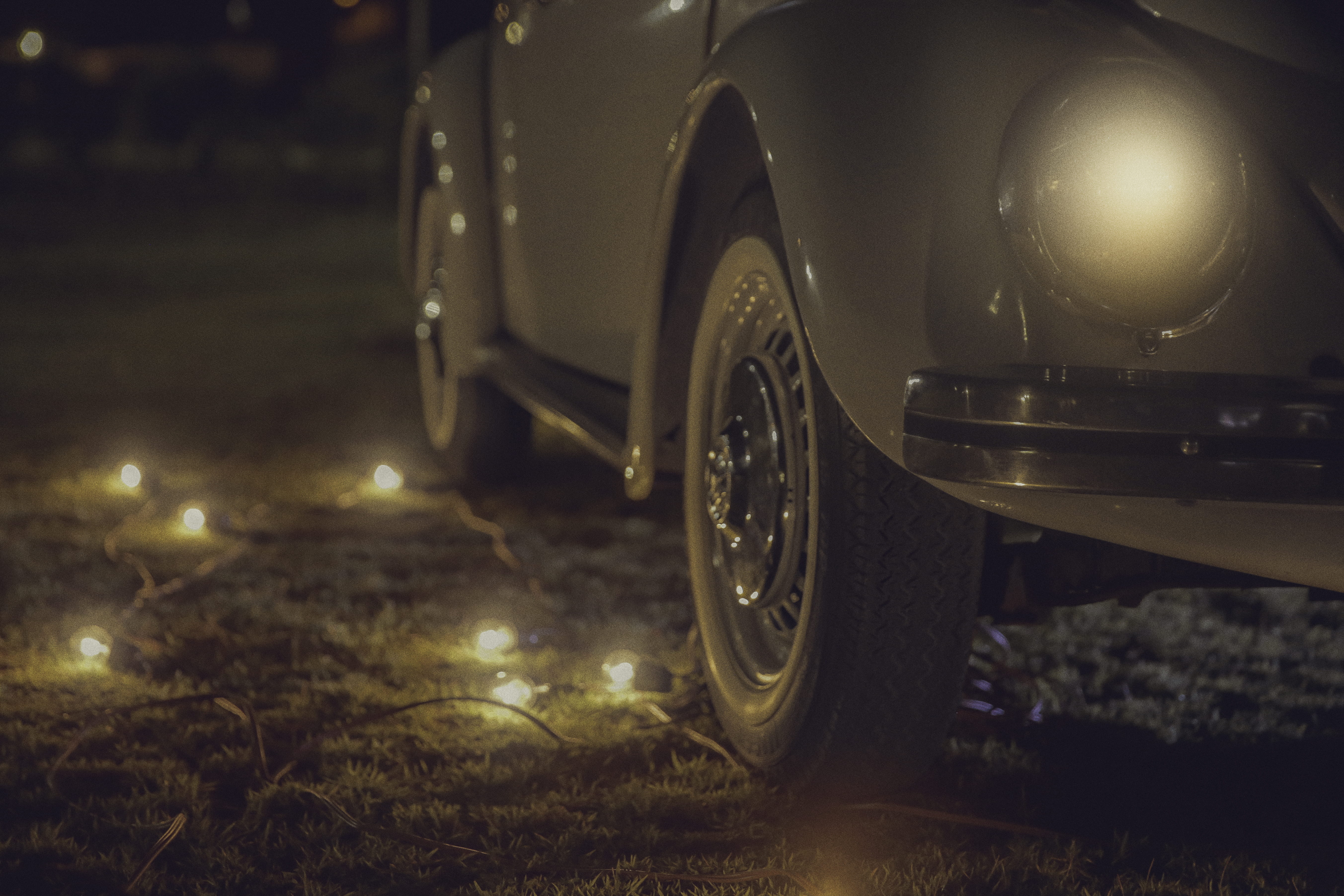 night, close-up, street, fusca, city, no people, outdoors, dirt, mode of transportation, 5K, nature, wheel, wedding dress, headlight, selective focus, HD Wallpaper