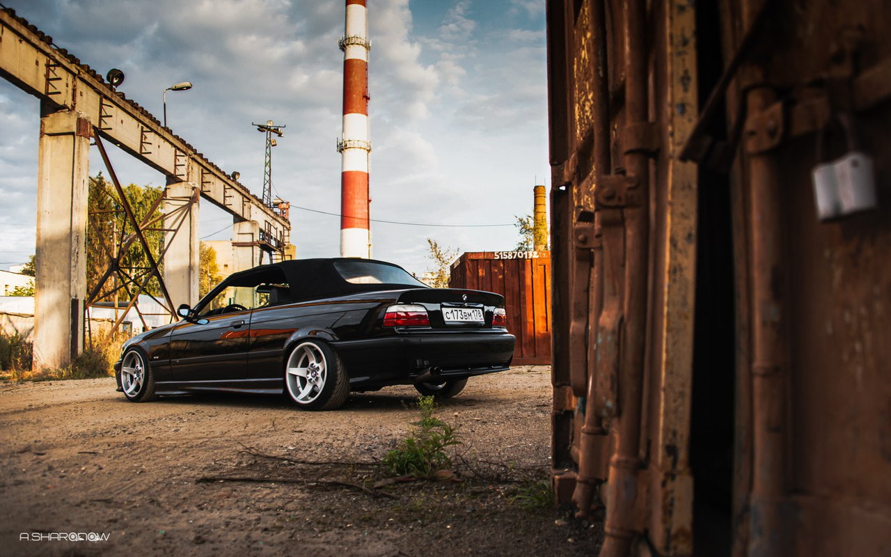 built structure, car, cloud - sky, sky, stationary, city, motor vehicle, transportation, no people, 720P, architecture, road, outdoors, land vehicle, BMW E36, HD Wallpaper