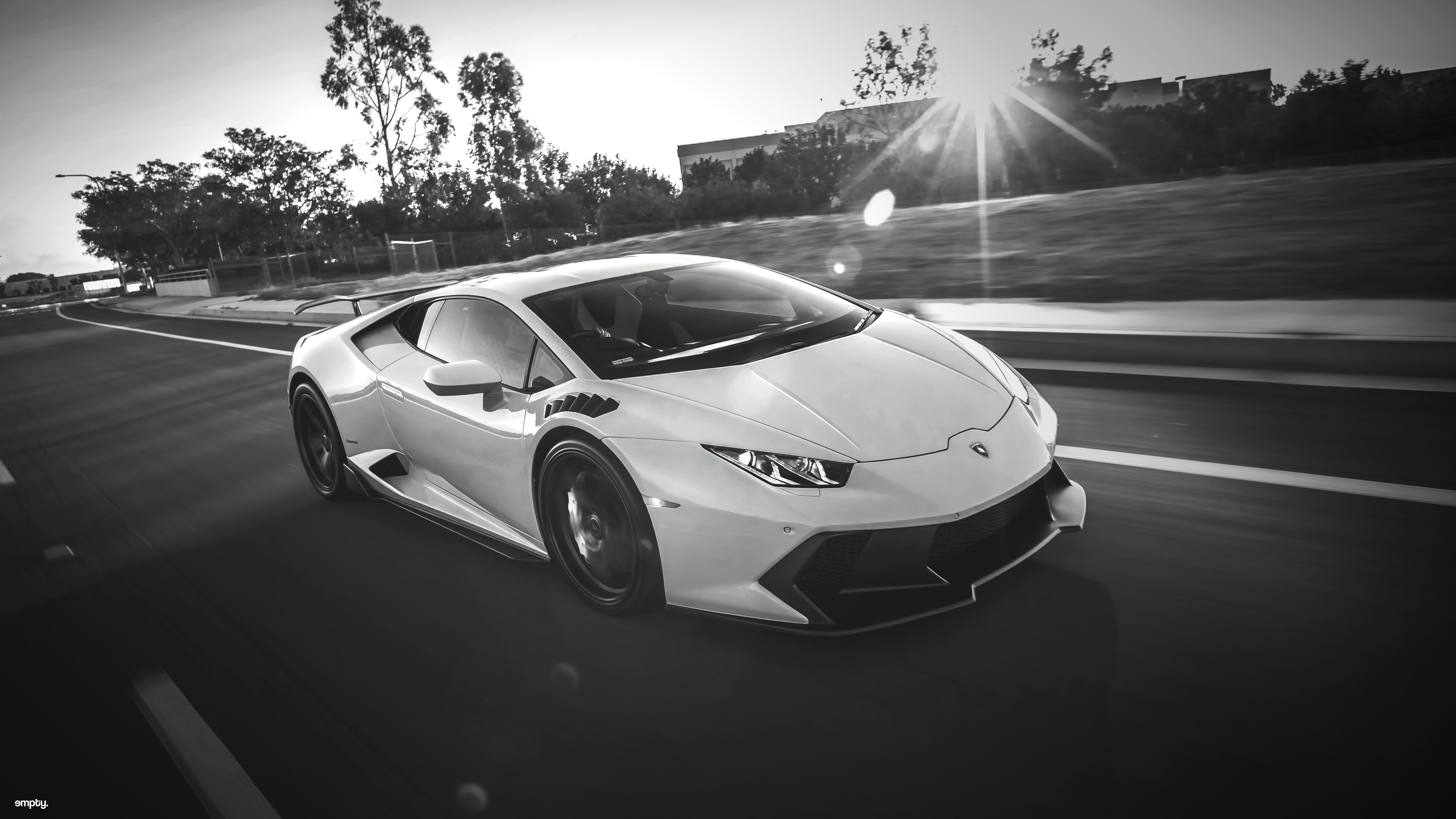 mode of transportation, sunlight, travel, white, no people, road, transportation, sky, lens flare, plant, motor vehicle, huracan, luxury, sun, day, motion, HD Wallpaper