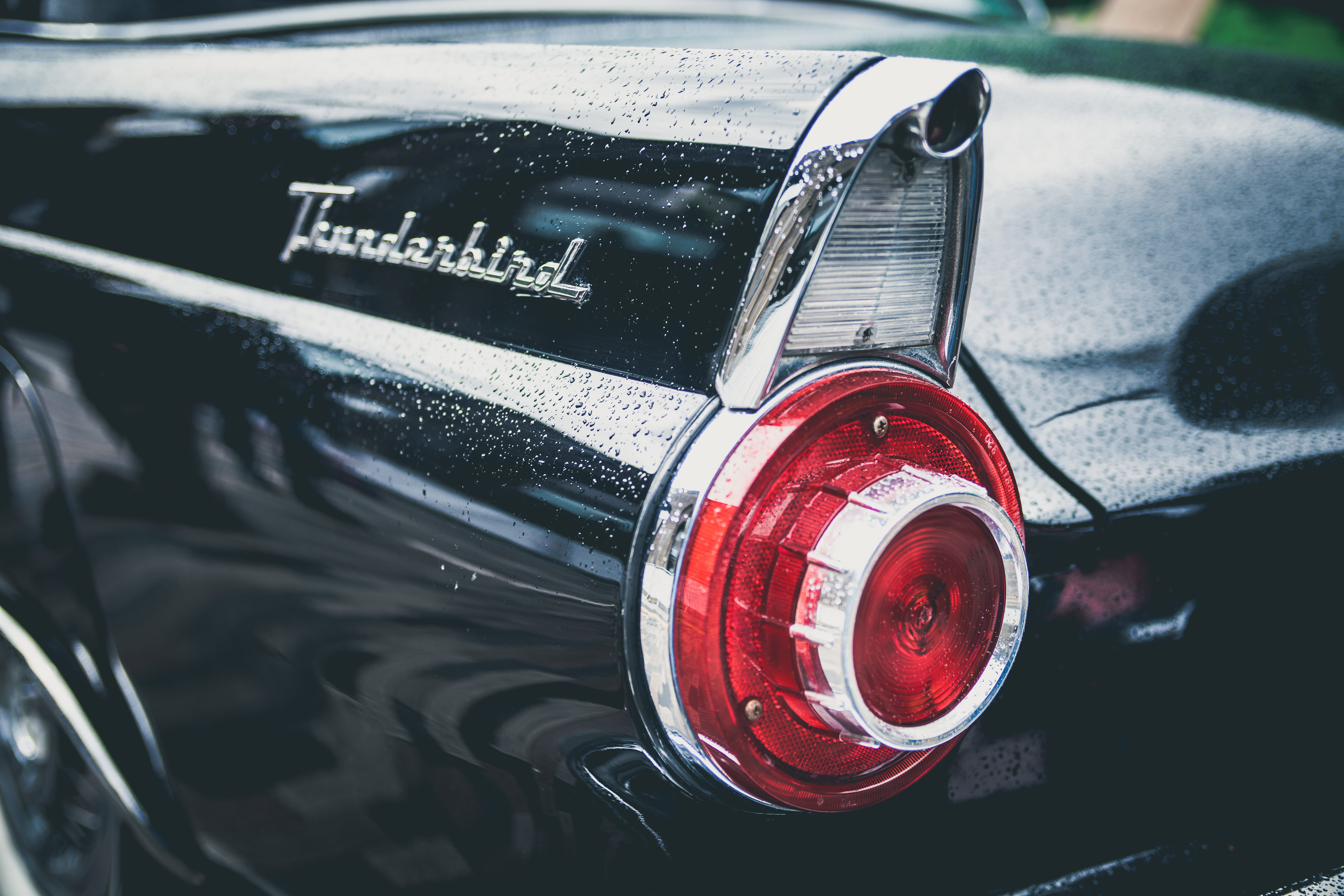 water drops, transportation, thunderbird, ford, metal, indoors, retro, automobile, tail light, day, glass - material, automotive, mode of transportation, HD Wallpaper